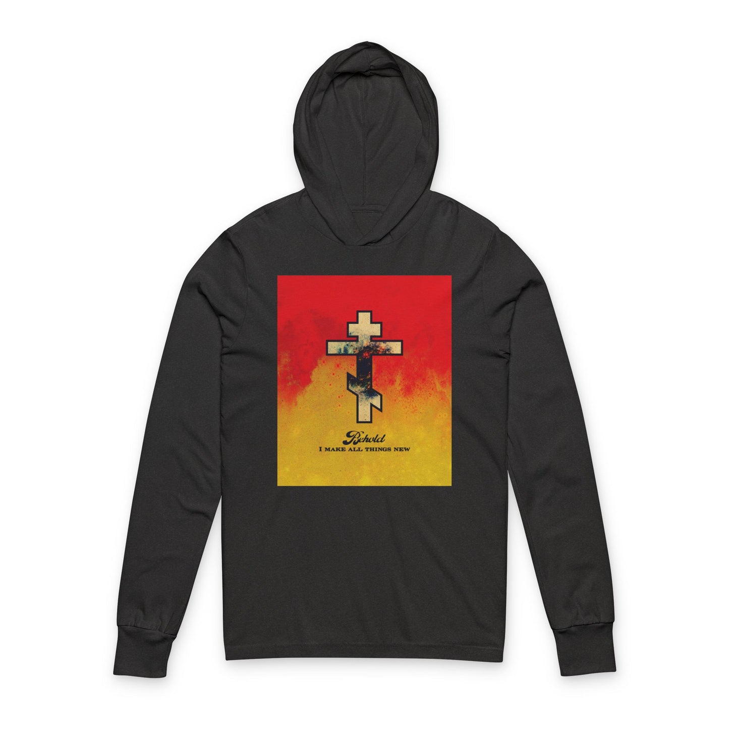 Behold, I Make All Things New (Revelation 21:5) | Cosmic Orthodox Cross on Red and Yellow Background | Orthodox Long Sleeve Hooded Shirt