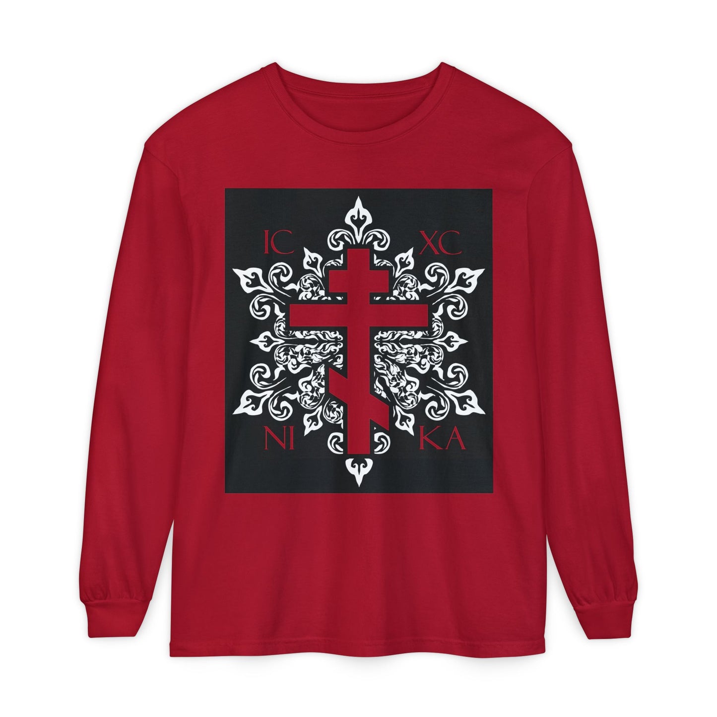 ICXC / NIKA Red Orthodox Cross on Ornate White Medieval Floral Design | Exclusive Best-Selling | Orthodox Christian Long Sleeve Shirt