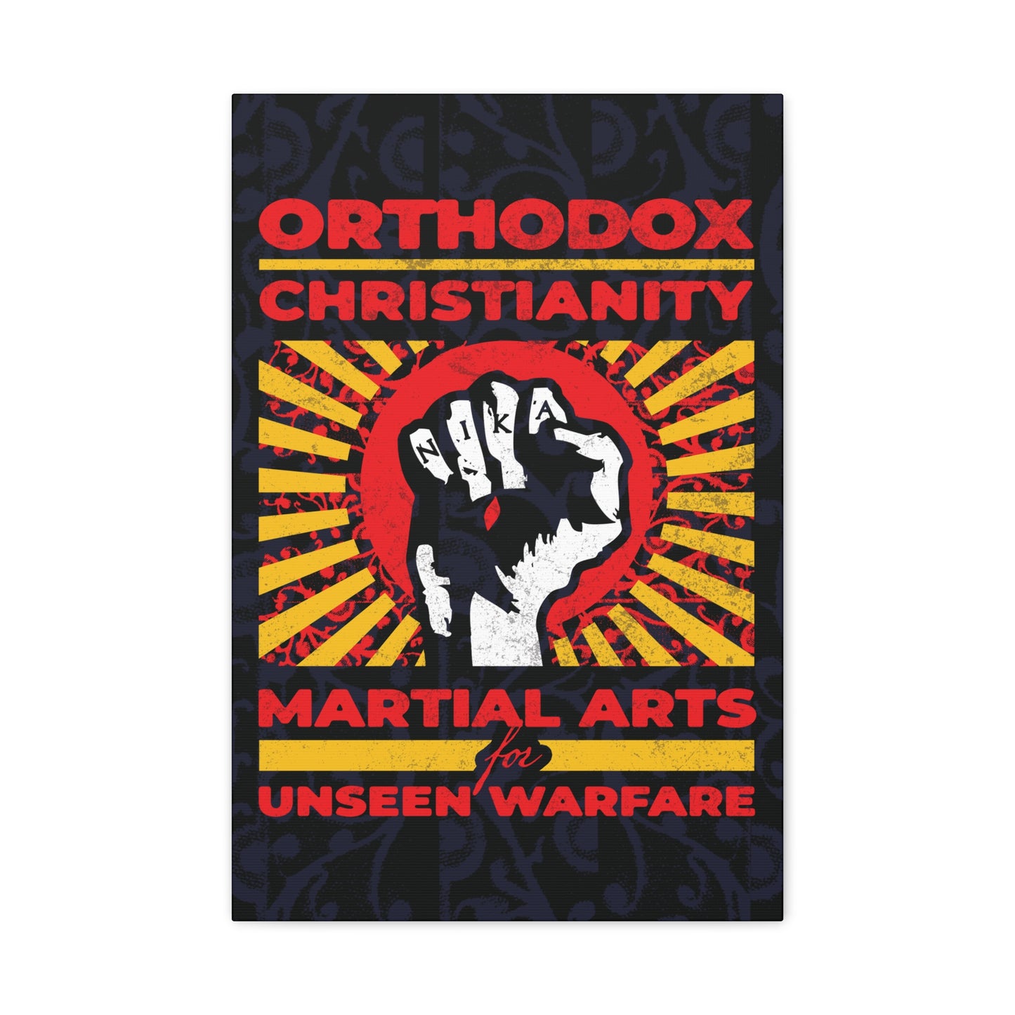 Orthodox Christianity: Martial Arts for Unseen Warfare | NIKA Jesus Fist on Colorful Sunburst Design | Orthodox Christian Canvas Art