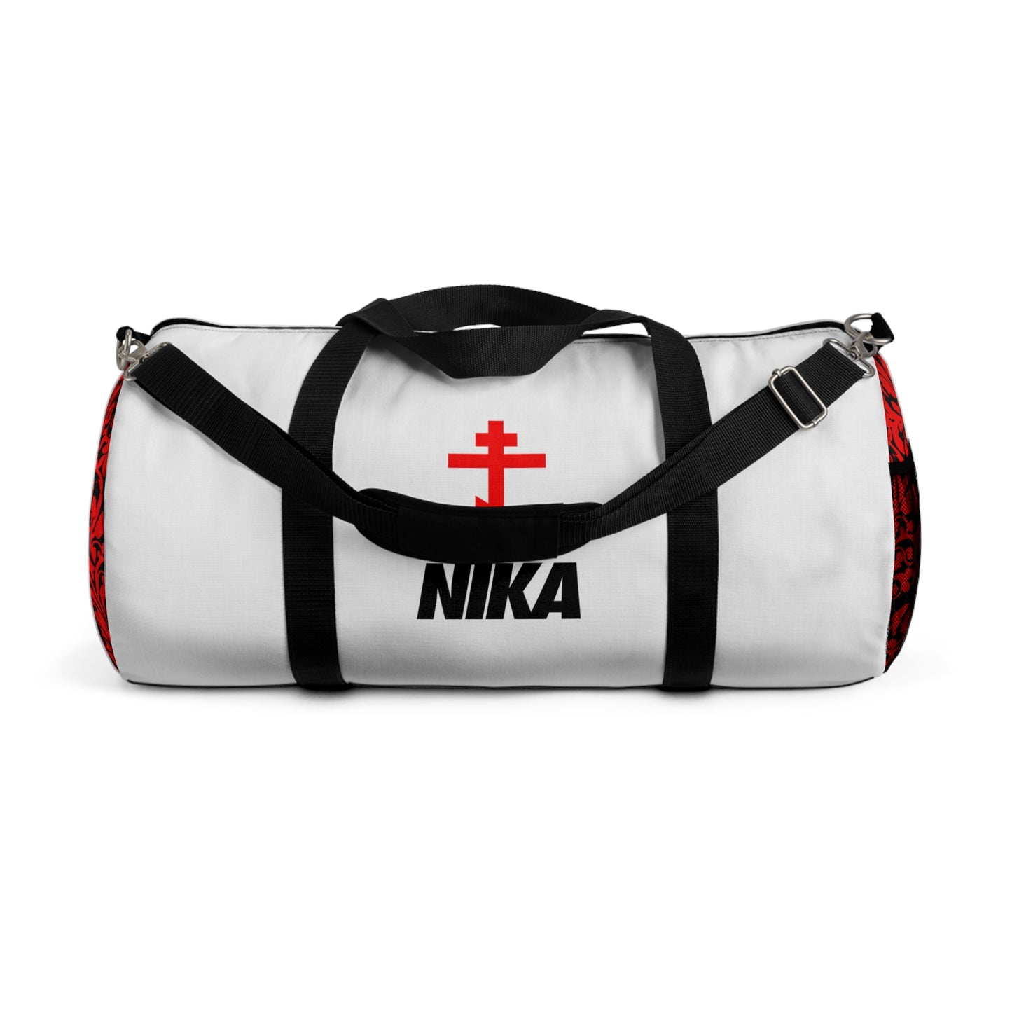 NIKA Red Orthodox Cross | White Bag | NIKE Logo Mashup | Minimalist Corporate Sports Logo Aesthetic | Orthodox Christian Gym Duffel Bag