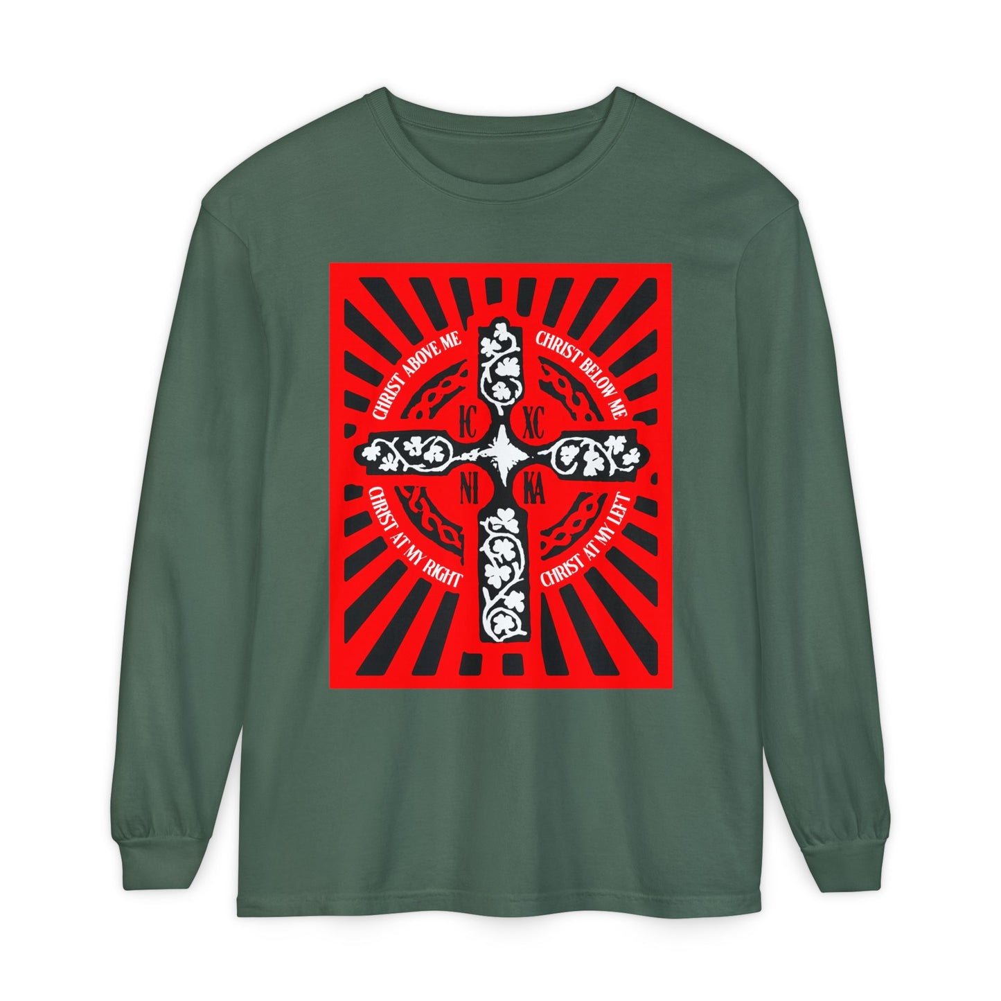 Red ICXC NIKA Enniskillen Celtic Cross | Lorica of St. Patrick | Shield Prayer | Orthodox Christian Long Sleeve Shirt