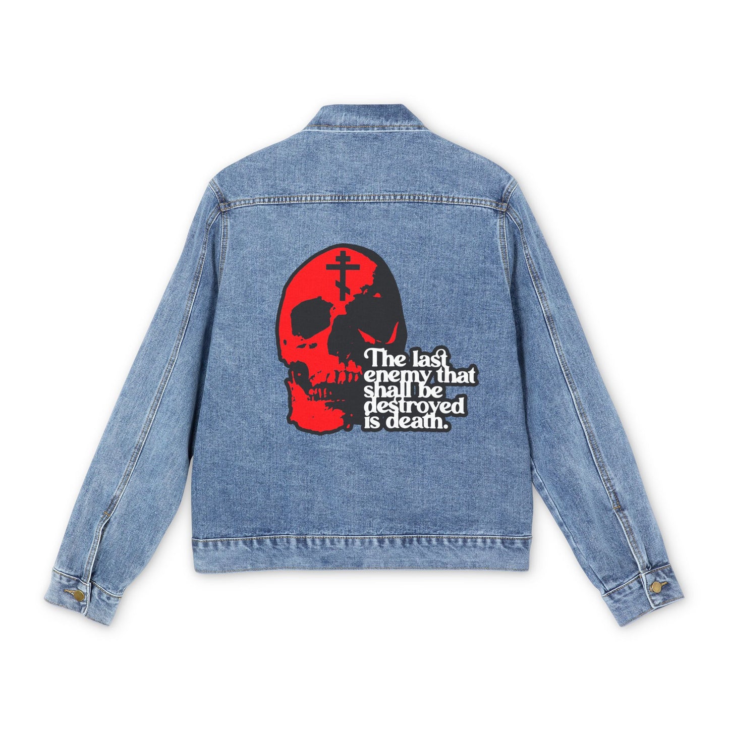 Medium denim wash jacket featuring a bold red skull on a yellow background and the phrase "The last enemy that shall be destroyed is death" (1 Corinthians 15:26). Orthodox Christian design.