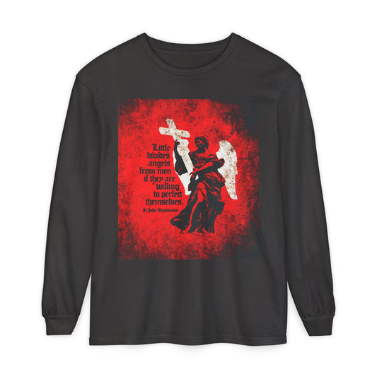 Little Divides Angels from Men | Christian Perfection | St John Chrysostom | Textured Cemetery Angel | Orthodox Christian Long Sleeve Shirt