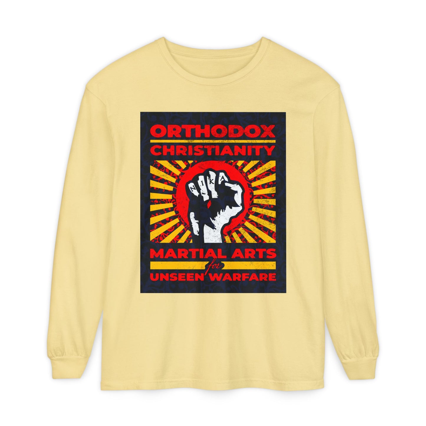 Orthodox Christianity: Martial Arts for Unseen Warfare | NIKA Jesus Fist on Colorful Sunburst Design | Orthodox Christian Long Sleeve Shirt