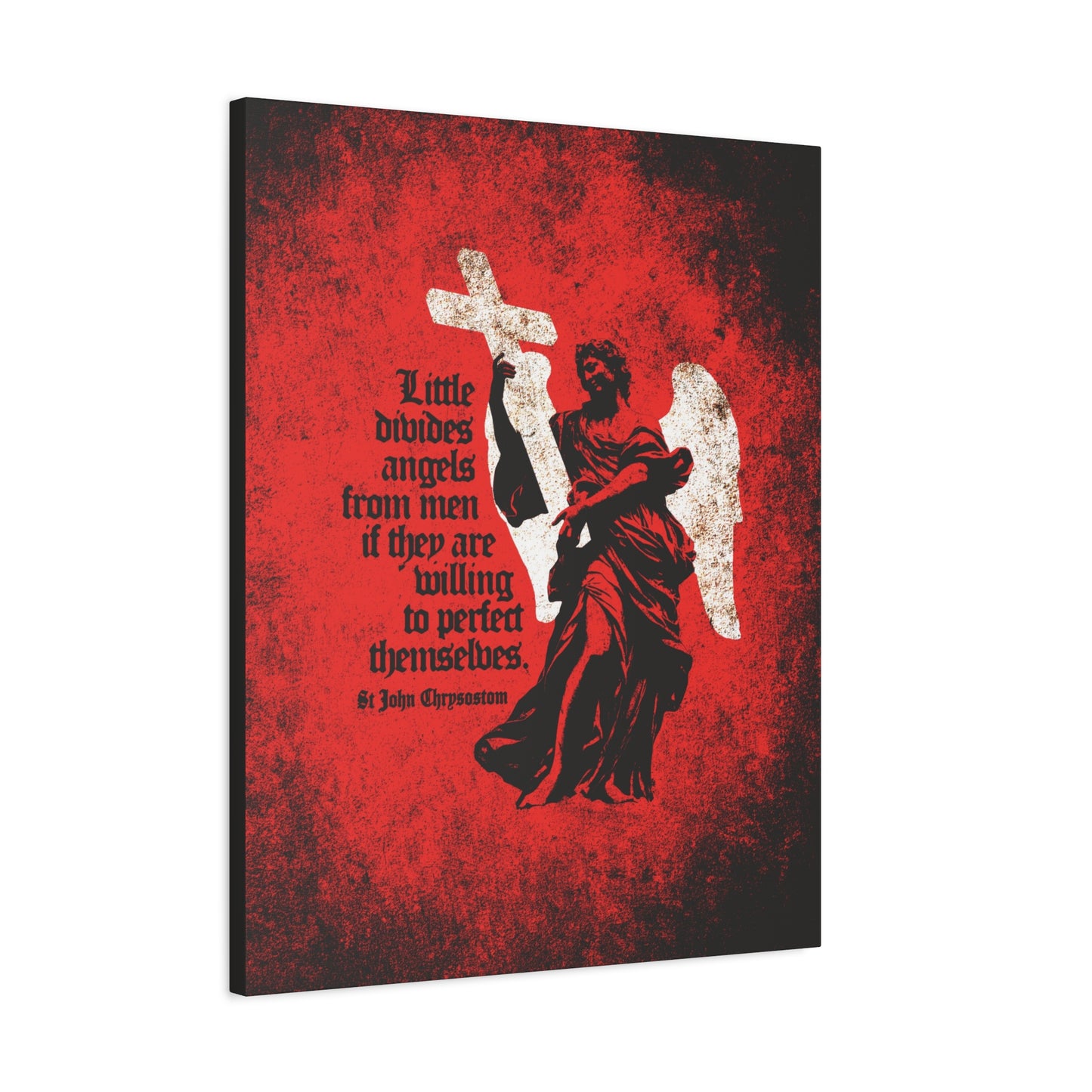 The "Little Divides Angels from Men" Orthodox Christian Canvas Art features a textured black angel holding a cross, set against a red background with the quote "Be ye holy" by St. John Chrysostom, symbolizing strong Christian faith.