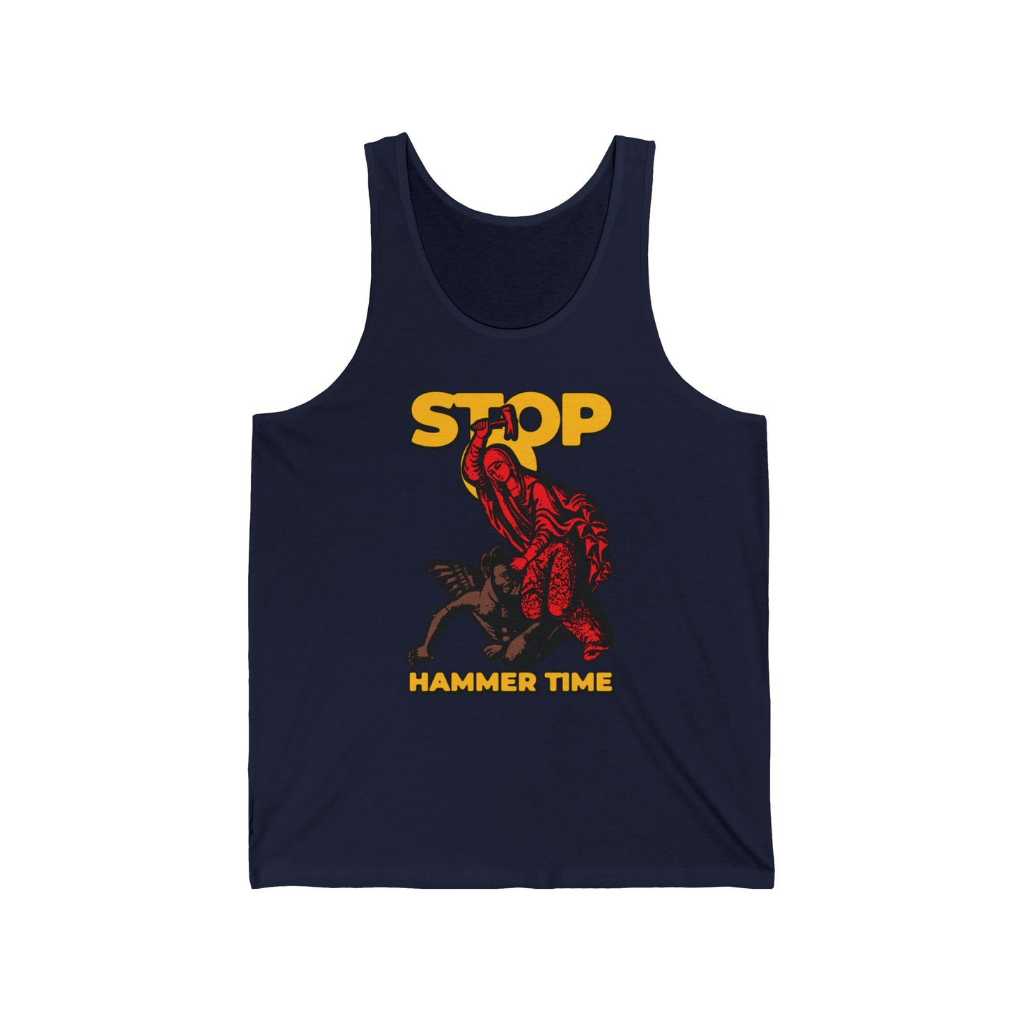Navy tank top featuring "St Marina of Antioch Beating the Devil with a Hammer" and "Stop, Hammer Time" in bold text, with a red figure above a fallen creature. Modern Orthodox meme in red, blue, and yellow.