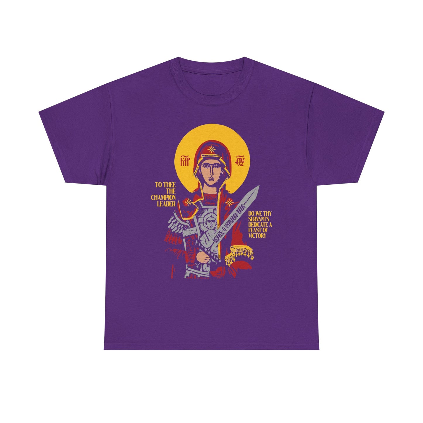 To Thee the Champion Leader | Mother of God | Theotokos with Sword IconoGraphic | Orthodox Christian Midweight Cotton Unisex Tee