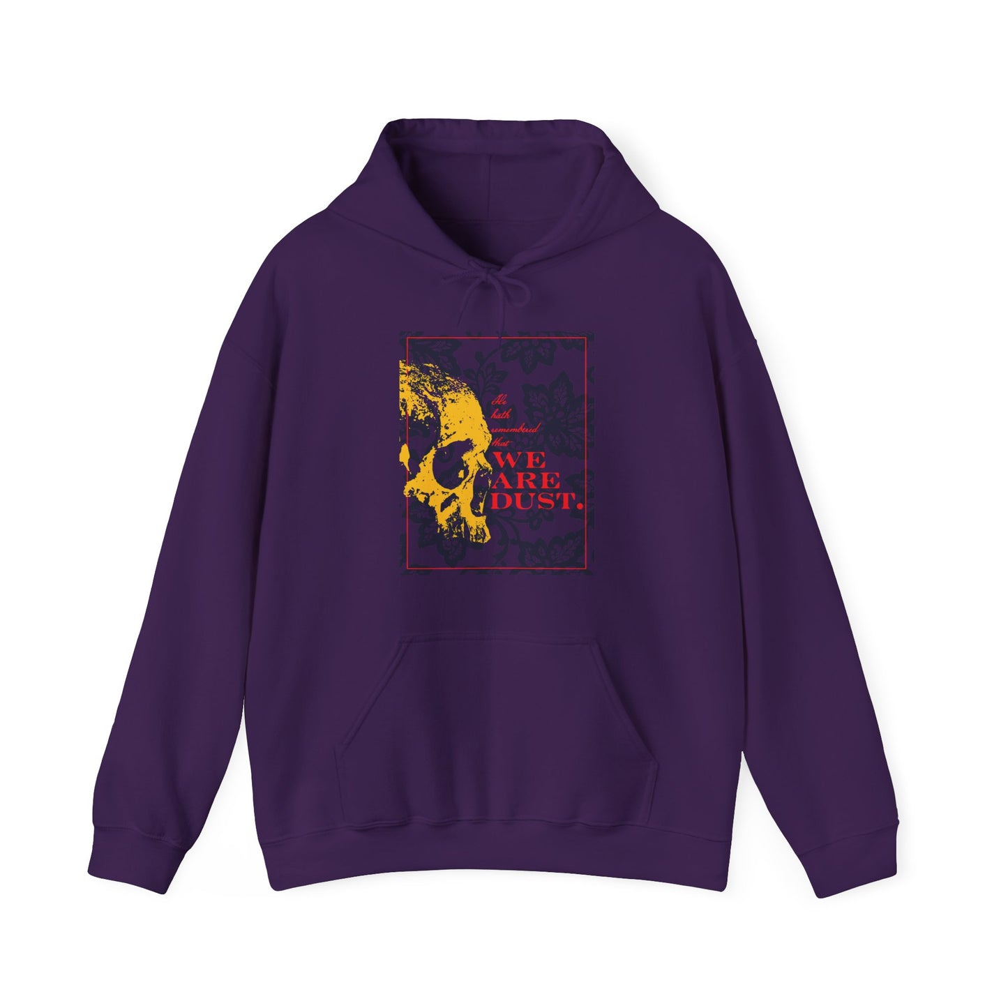 Purple "We Are Dust" hoodie featuring a yellow skull on a blue floral background with red text, inspired by Psalm 102/103 (LXX) and Memento Mori in a gothic Orthodox Christian style.