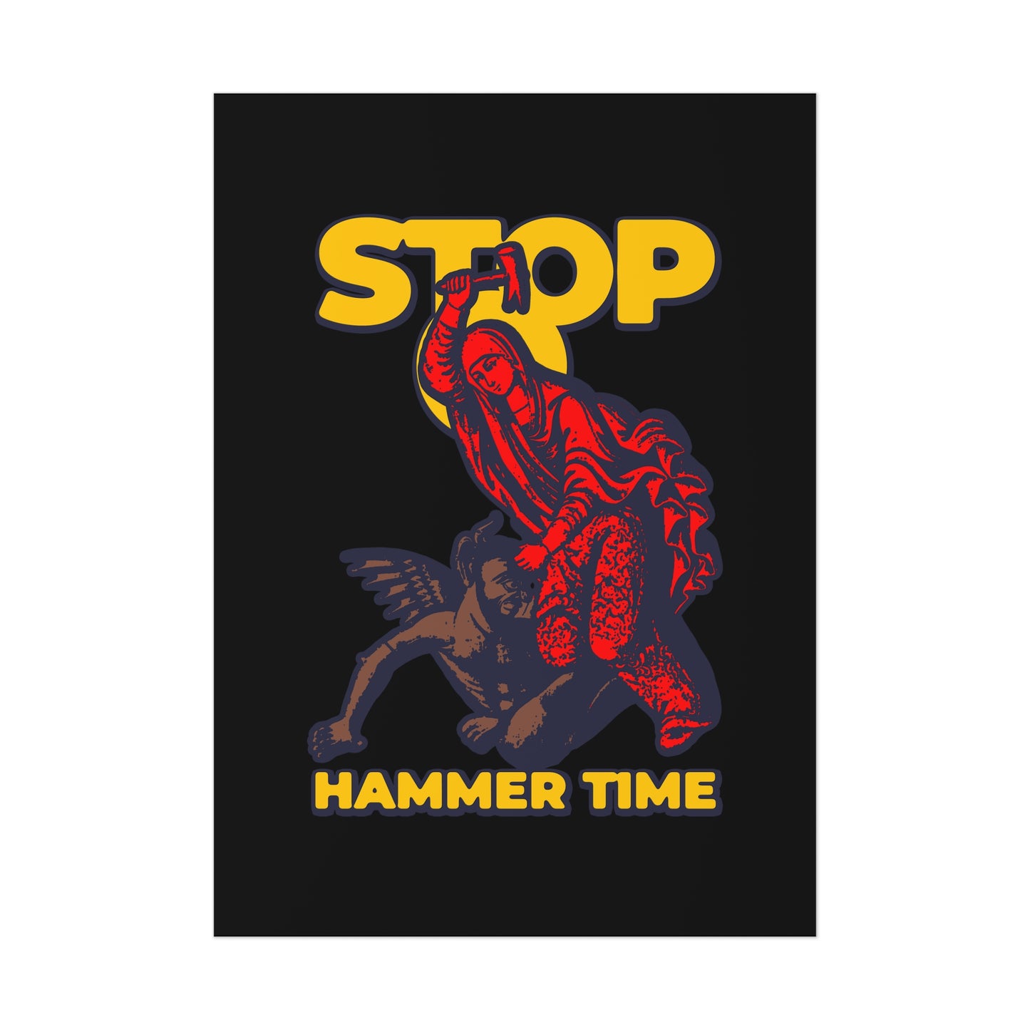 The “St Marina of Antioch Beating the Devil with a Hammer” poster shows her riding a creature, wielding a hammer, with “STOP HAMMER TIME” in yellow—blending Orthodox tradition with meme culture in bold red, blue, and yellow.