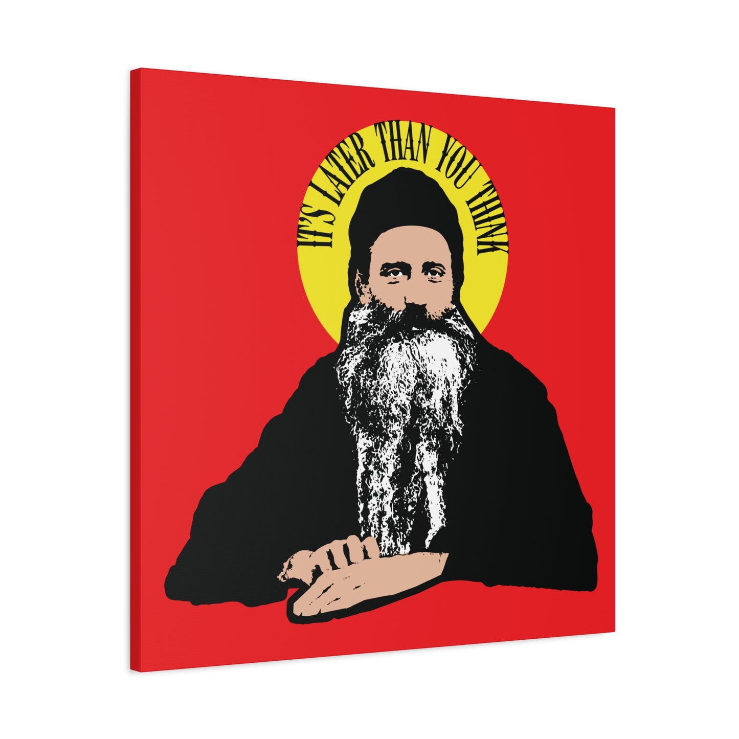 A bearded man with a yellow halo, inspired by Fr Seraphim Rose, reads “It’s Later Than You Think” on a vivid red backdrop—Modern American Orthodox Christian wall art reflecting on mortality and the journey after death.