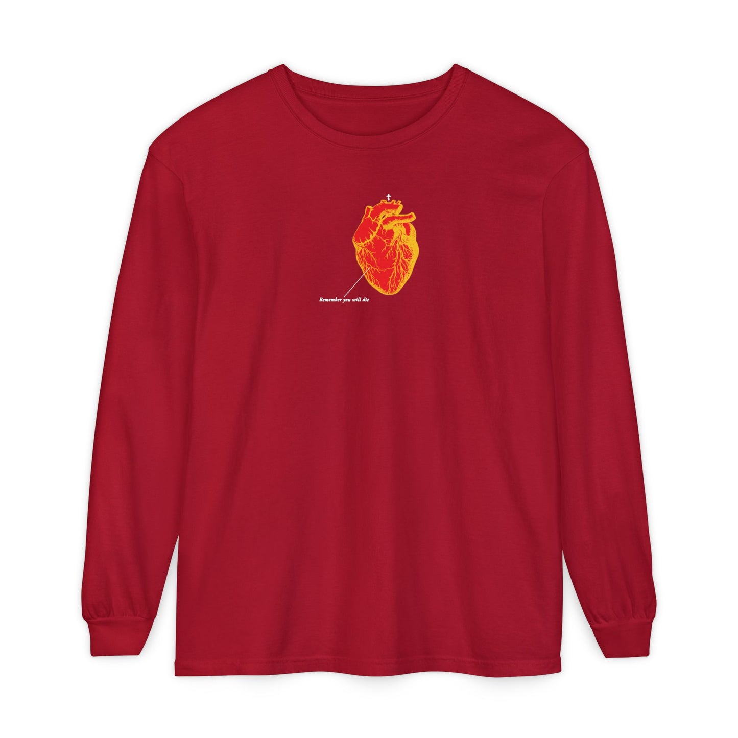 Red cotton long-sleeve featuring an inverted red and orange anatomical heart with “Memento Mori” and Christian motifs, inspired by retro medical textbooks, symbolizing the soul’s journey beyond death.