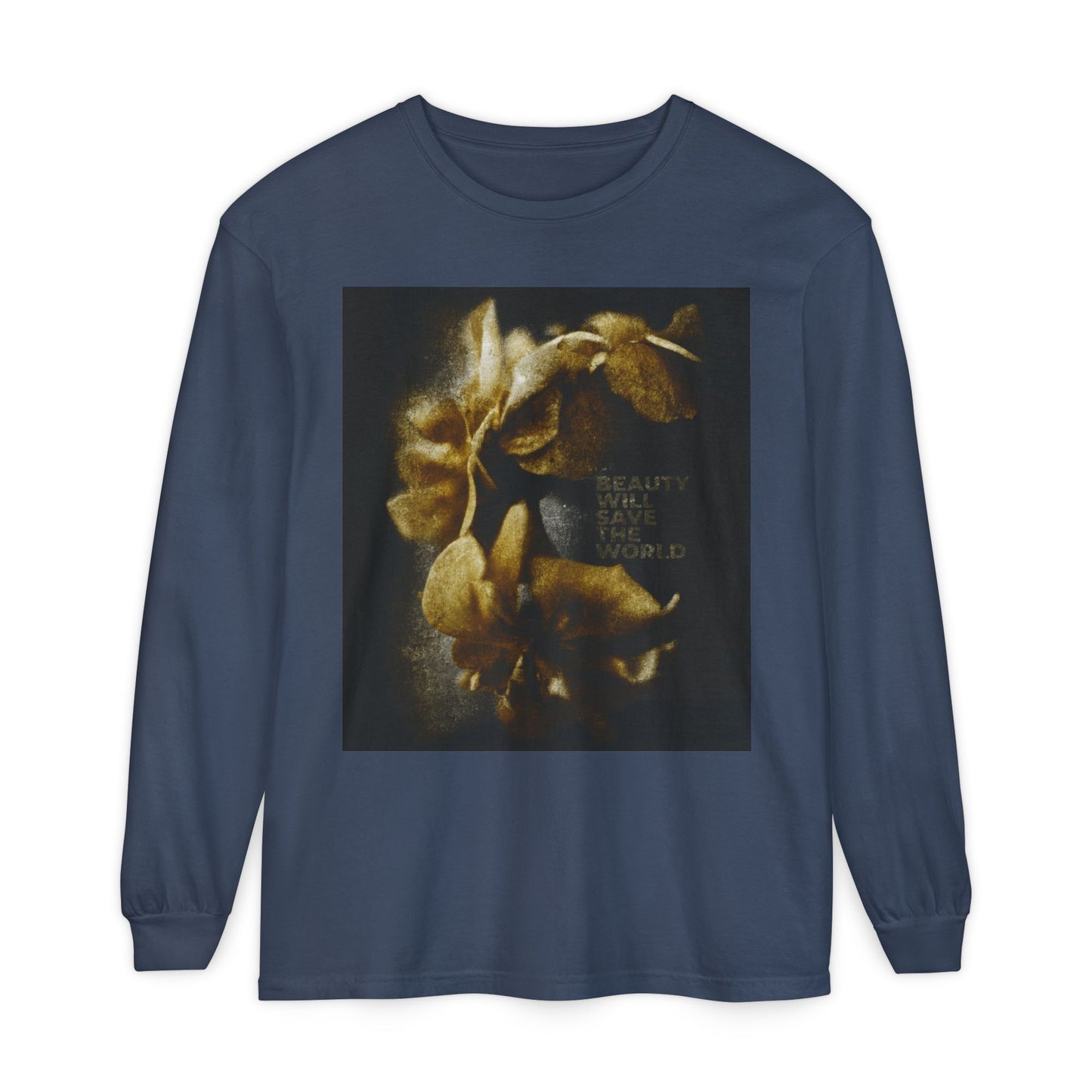 Midnight long-sleeve shirt featuring "Beauty Will Save the World" and photographic artwork celebrating Jesus Christ—combines striking Christian style with Dostoevsky’s inspiring message.