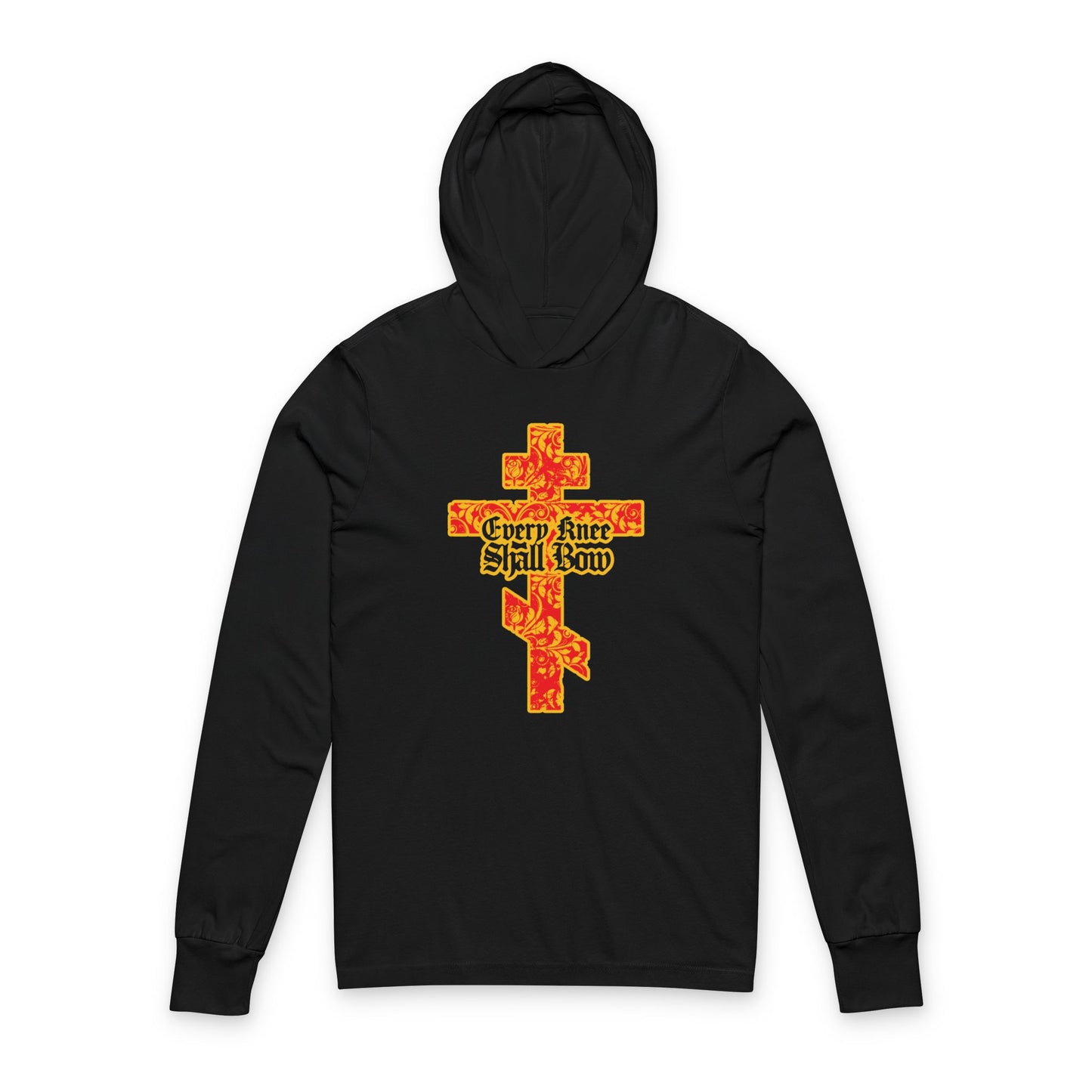 Black hoodie featuring a gold and red floral Orthodox cross with gothic "Every Knee Shall Bow" text, inspired by Isaiah 45:22-24 and Phil 2:7-11. Christian hooded shirt.