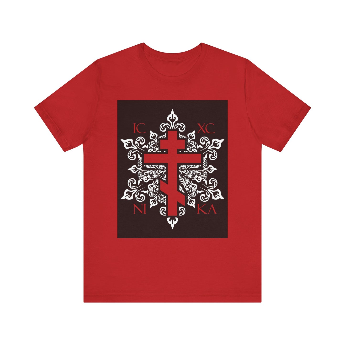 Red ICXC / NIKA Orthodox Cross t-shirt with ornate white medieval floral design and Greek letters, made from lightweight cotton.