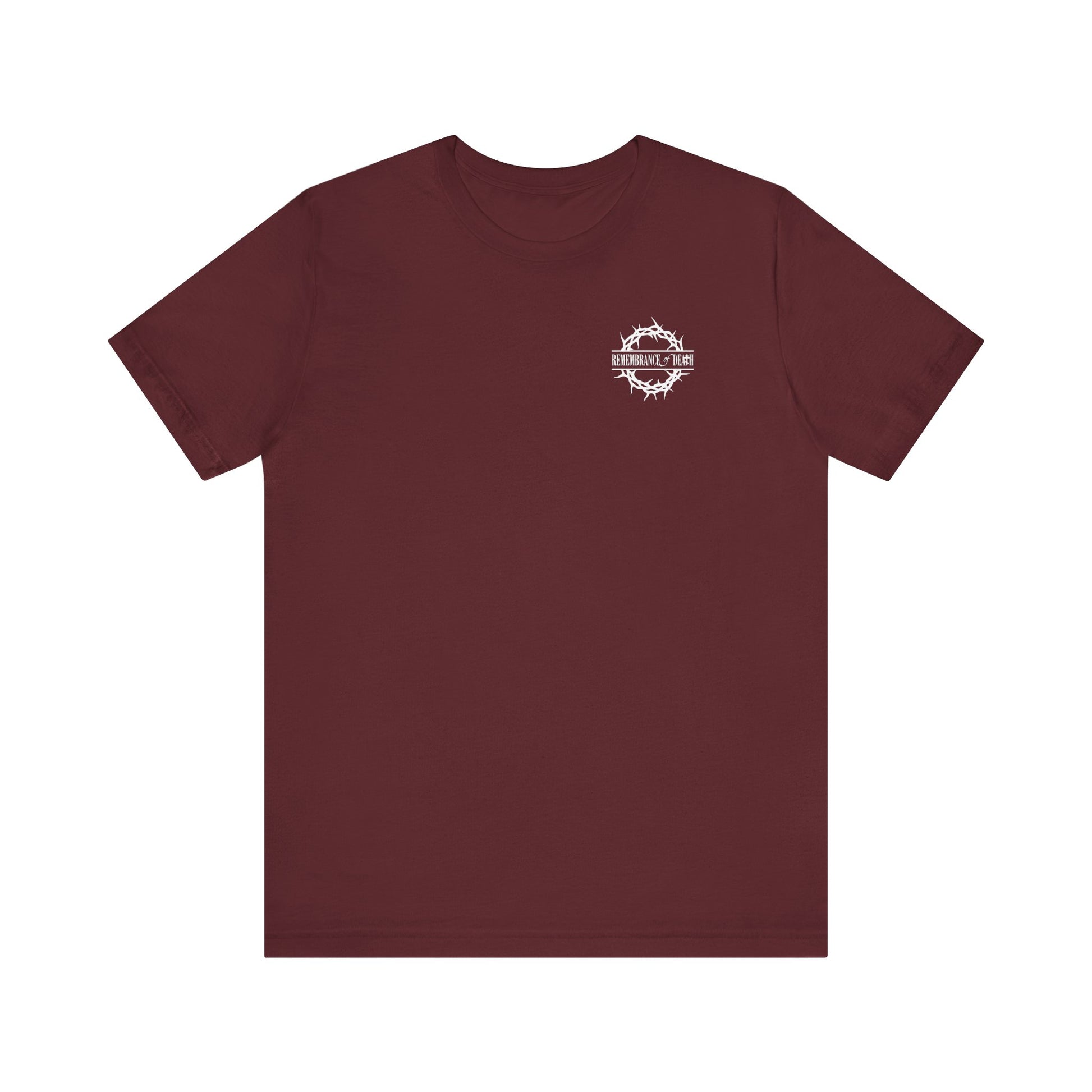 Maroon Orthodox Christian t-shirt with a small white "Dead to this World" logo and crown of thorns on the front, inspired by the Ladder of Divine Ascent. Features 70s typography, gothic flower cross & skull design, and a 2-sided print.