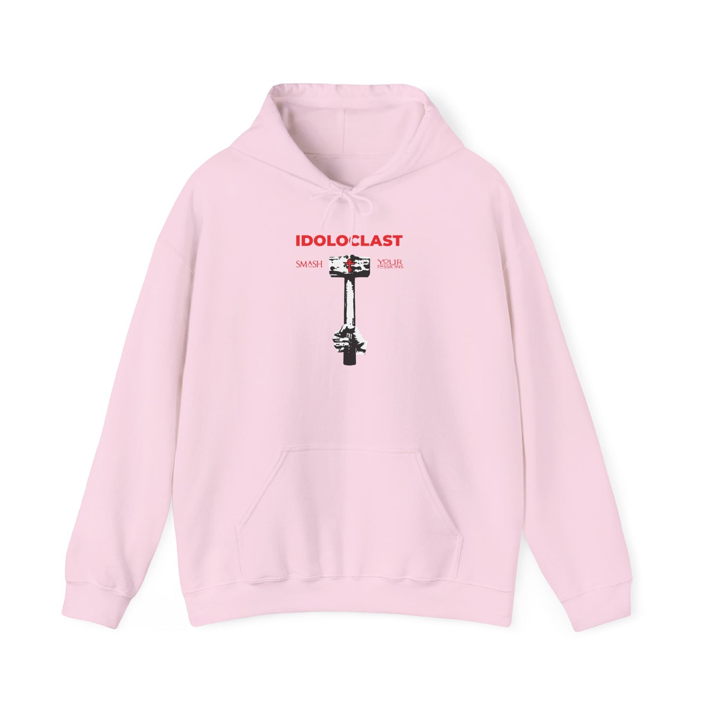Light pink "Idoloclast Idol-Smasher" hoodie featuring the bold IDOLOCLAST text and a graphic of Jesus’ fist with a sledgehammer smashing a statue head above a microphone—a powerful Christian ascetic Orthodox statement (ICXC NIKA) to inspire you to smash your passions, in the spirit of spiritual strugglers like St. Macarius of Optina.