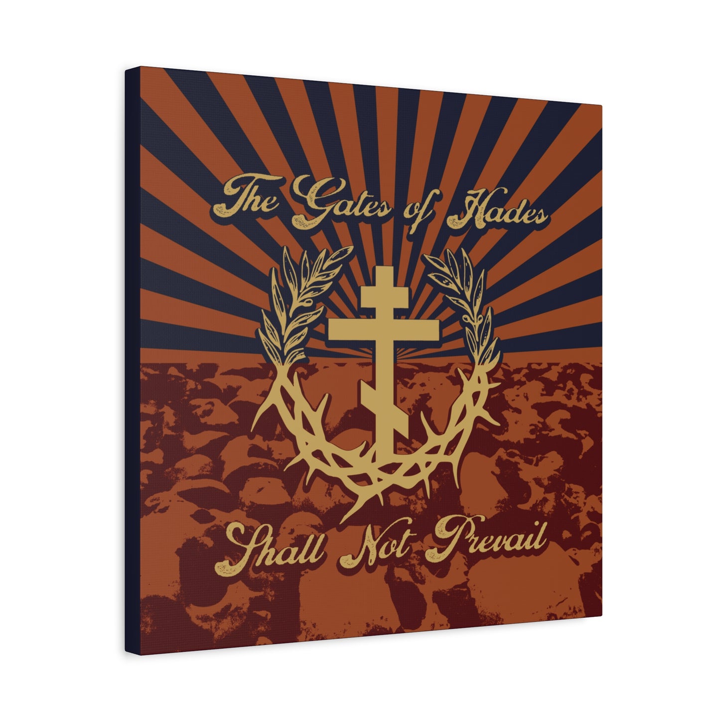 The Gates of Hades Shall Not Prevail | Cross with Wreath & Crown of Thorns | Skulls and Rays | Orthodox Christian Canvas Art
