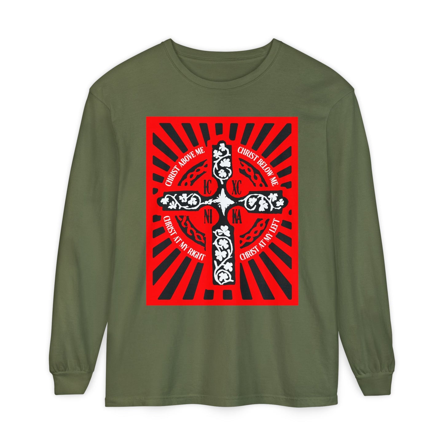 Red ICXC NIKA Enniskillen Celtic Cross | Lorica of St. Patrick | Shield Prayer | Orthodox Christian Long Sleeve Shirt