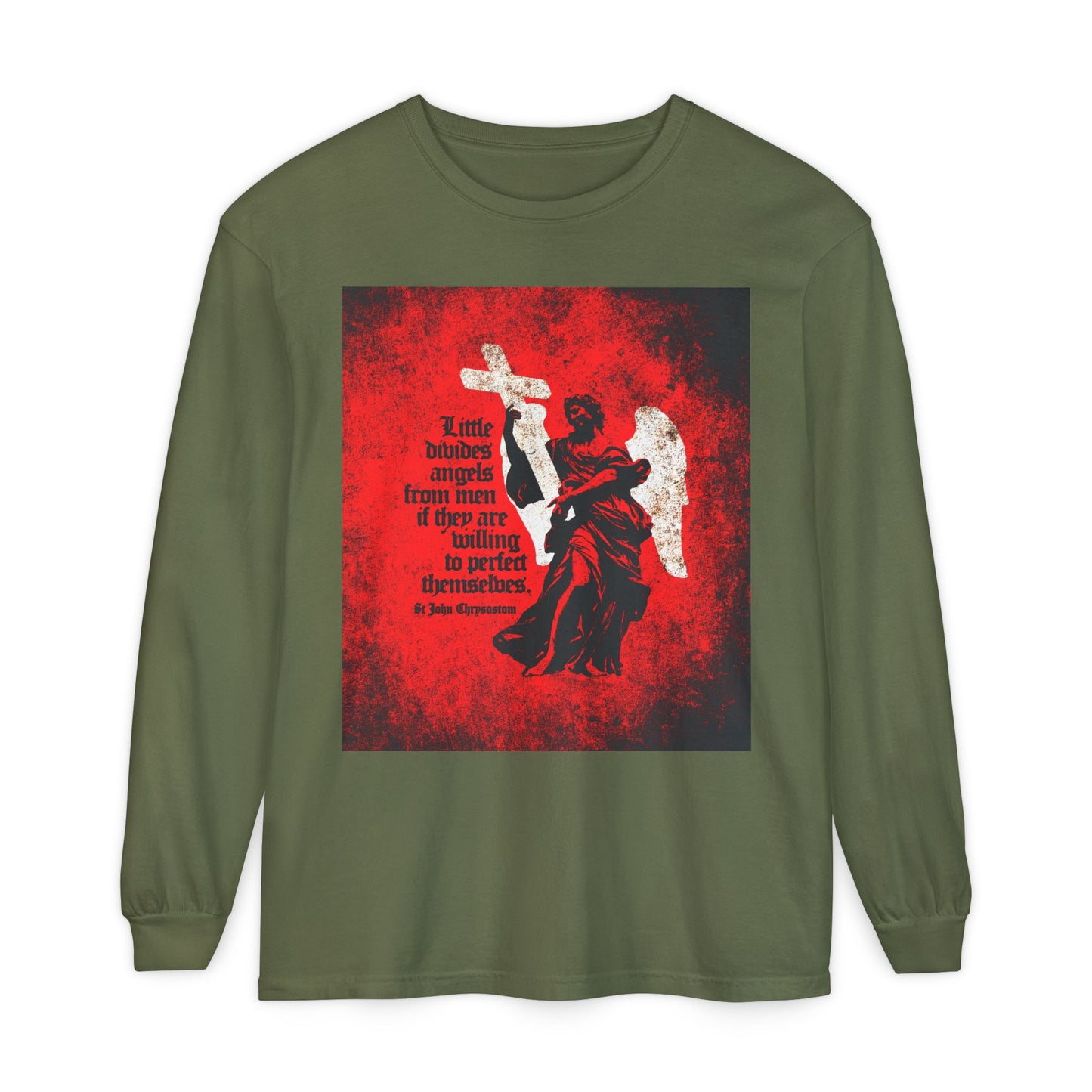 Little Divides Angels from Men | Christian Perfection | St John Chrysostom | Textured Cemetery Angel | Orthodox Christian Long Sleeve Shirt