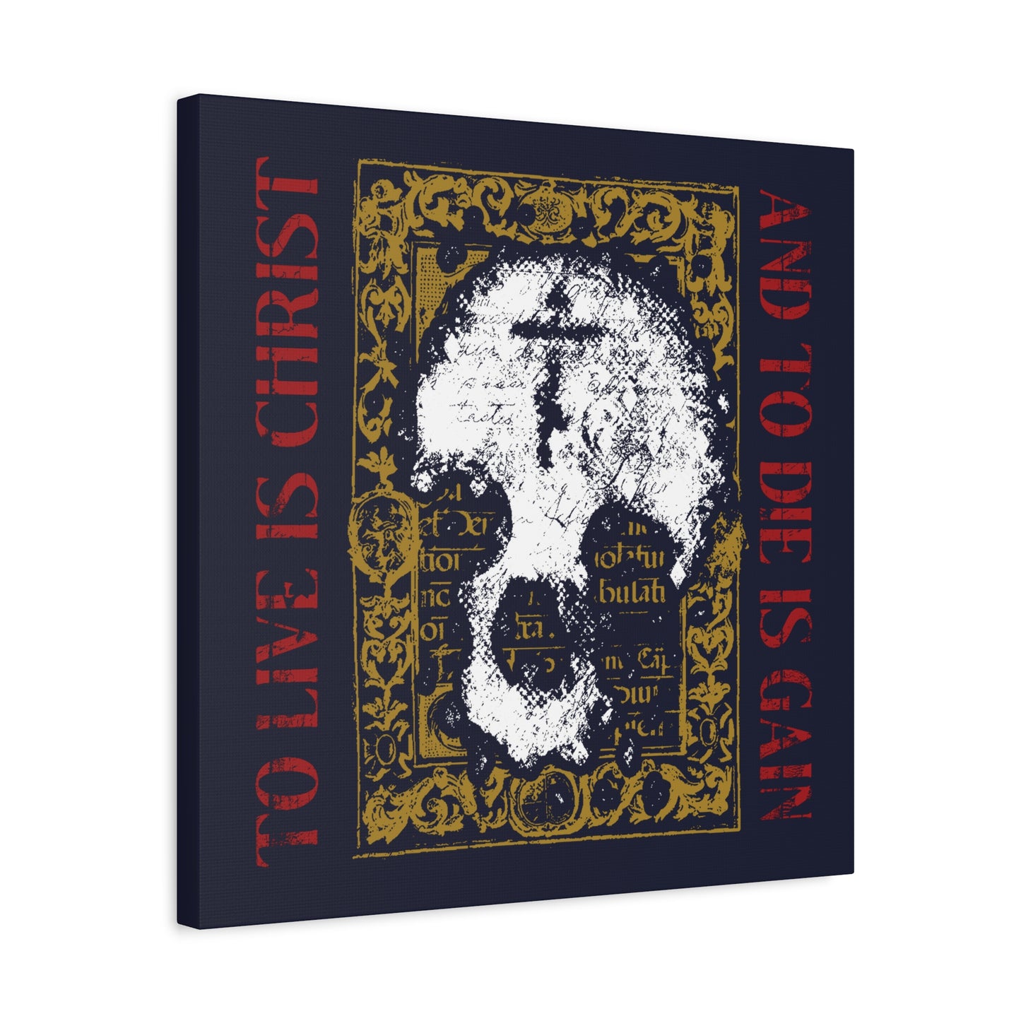 To Live is Christ, to Die is Gain (Philippians 1:21) | Skull with Cross on Gold Manuscript Texture | Orthodox Christian Canvas Art