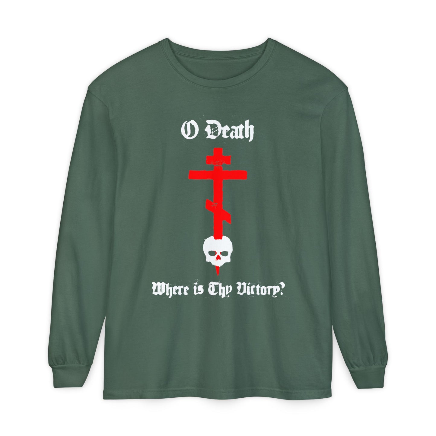 O Death Where is Thy Victory? 1 Cor 15:55 | Cross Stabbing Skull | Spraypaint Aesthetic | Orthodox Christian Long Sleeve Shirt