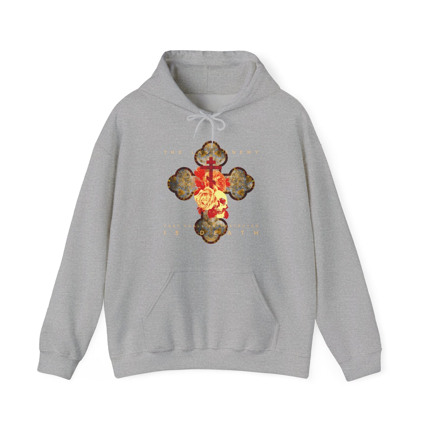 The Final Enemy That Shall Be Destroyed Is Death (1 Cor 15:26) | Metallic Gothic Cross with Rose and Skull | Orthodox Christian Hoodie