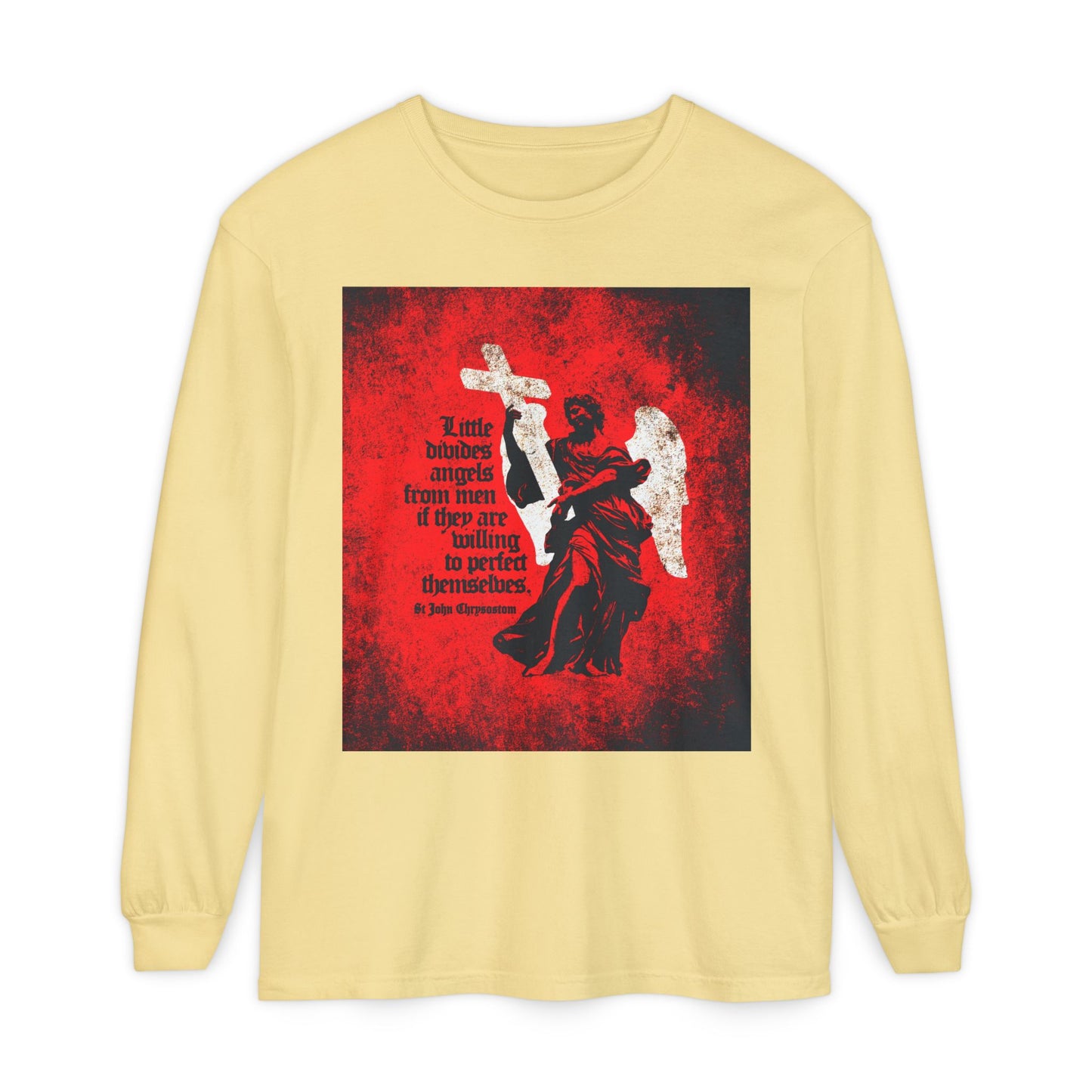 Little Divides Angels from Men | Christian Perfection | St John Chrysostom | Textured Cemetery Angel | Orthodox Christian Long Sleeve Shirt