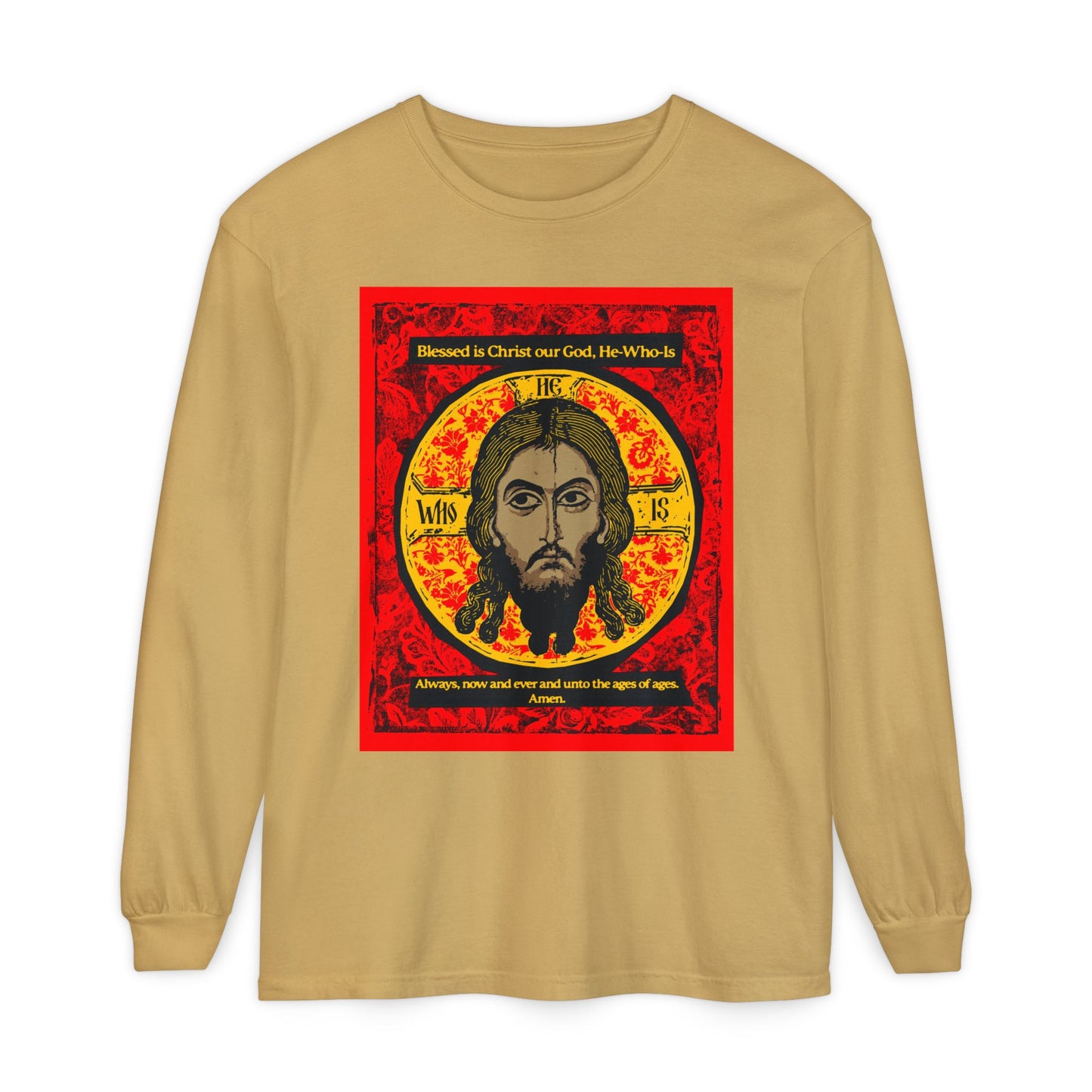 The Remembrance of Death “Made Without Hands (Mandylion/Image of Edessa)” long-sleeve shirt features a Christ icon in red, black, and yellow, paired with the prayer “Blessed is Christ our God,” inspired by Orthodox icon tradition.