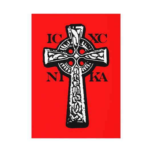 The ICXC NIKA Celtic Knotwork Cross poster features a black and white cross with Greek letters on a vivid red background, symbolizing "Jesus Christ Conquers" in traditional Orthodox Christian art.