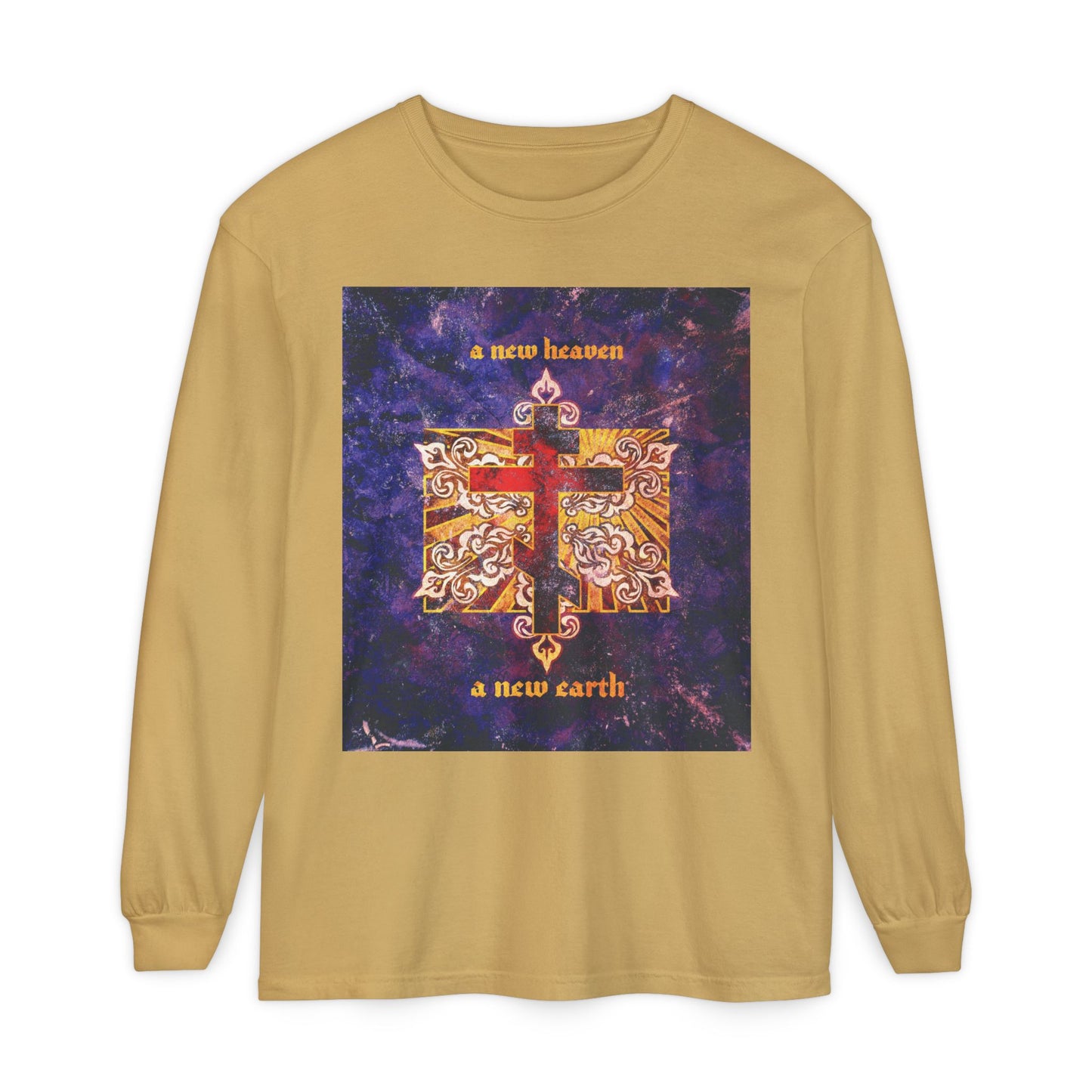 A New Heaven/A New Earth | Red Orthodox Cross on Textured Ornate Background | Red Blue & Gold Design | Orthodox Long Sleeve Cotton Shirt