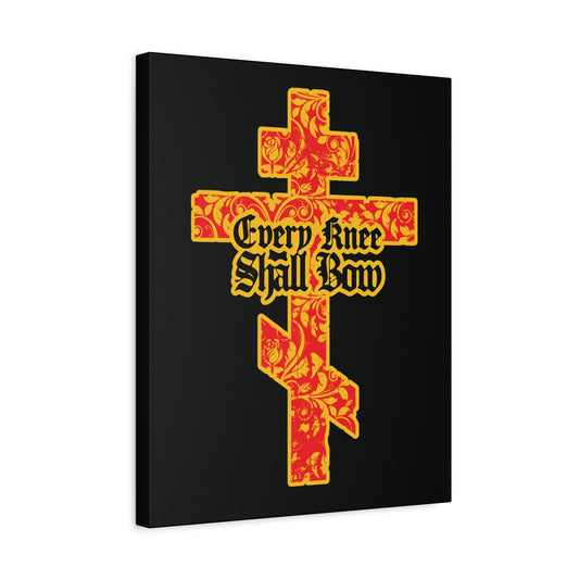 The "Every Knee Shall Bow" Christian wall art features a gold and red floral Orthodox cross with gothic lettering, inspired by Isaiah 45:22-24 and Philippians 2:7-11, on a black background.