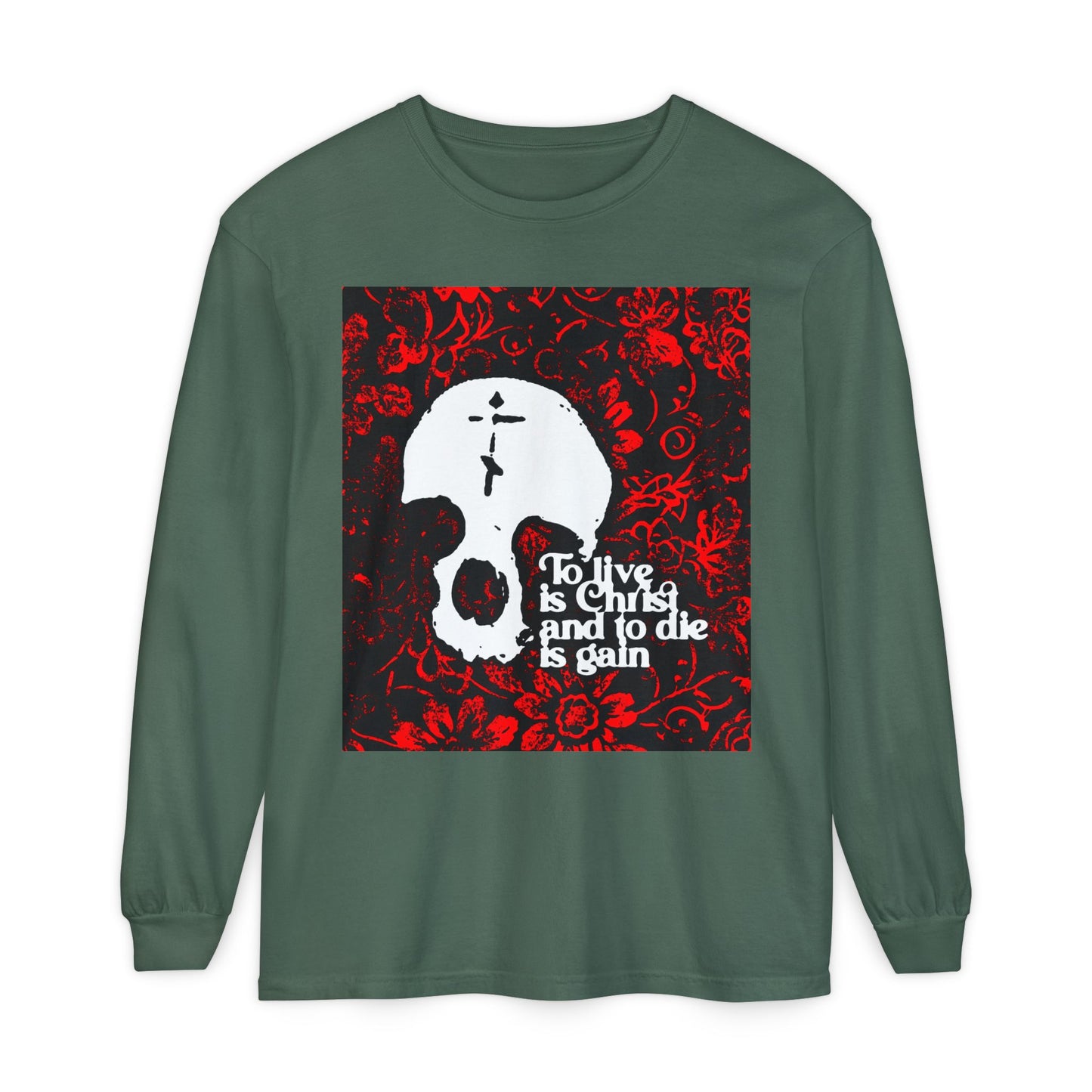 To Live is Christ To Die is Gain (Phil 1:21) | Skull with Cross on Red Floral Texture | Orthodox Christian Long Sleeve Shirt