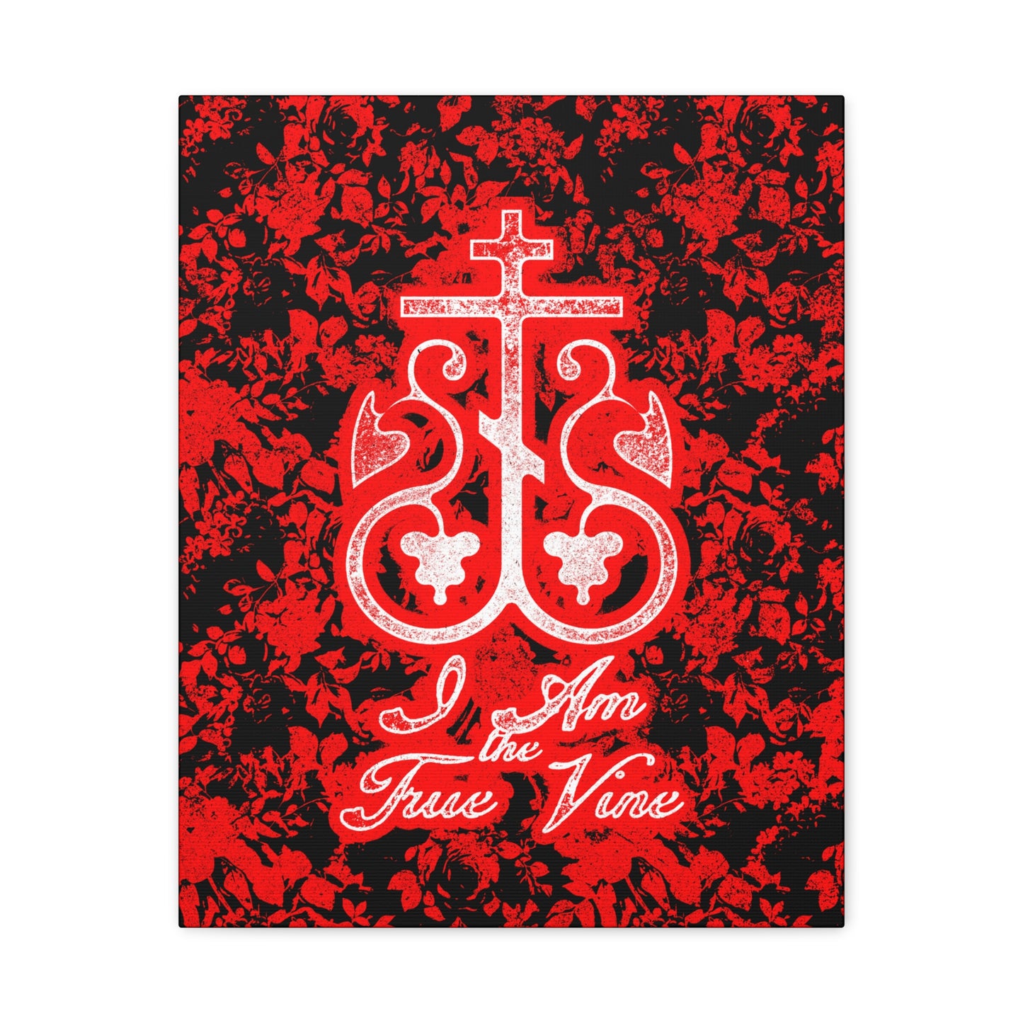 I Am the True Vine (John 15:1) | Orthodox Cross Vine Monogram | Red and Black Floral Design | Orthodox Christian Canvas Art