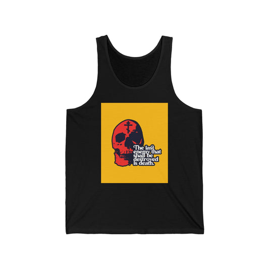 The Last Enemy That Shall Be Destroyed  (1 Corinthians 15:26) | Red Skull on Yellow Background | 70s Typography | Orthodox Christian Tank Top