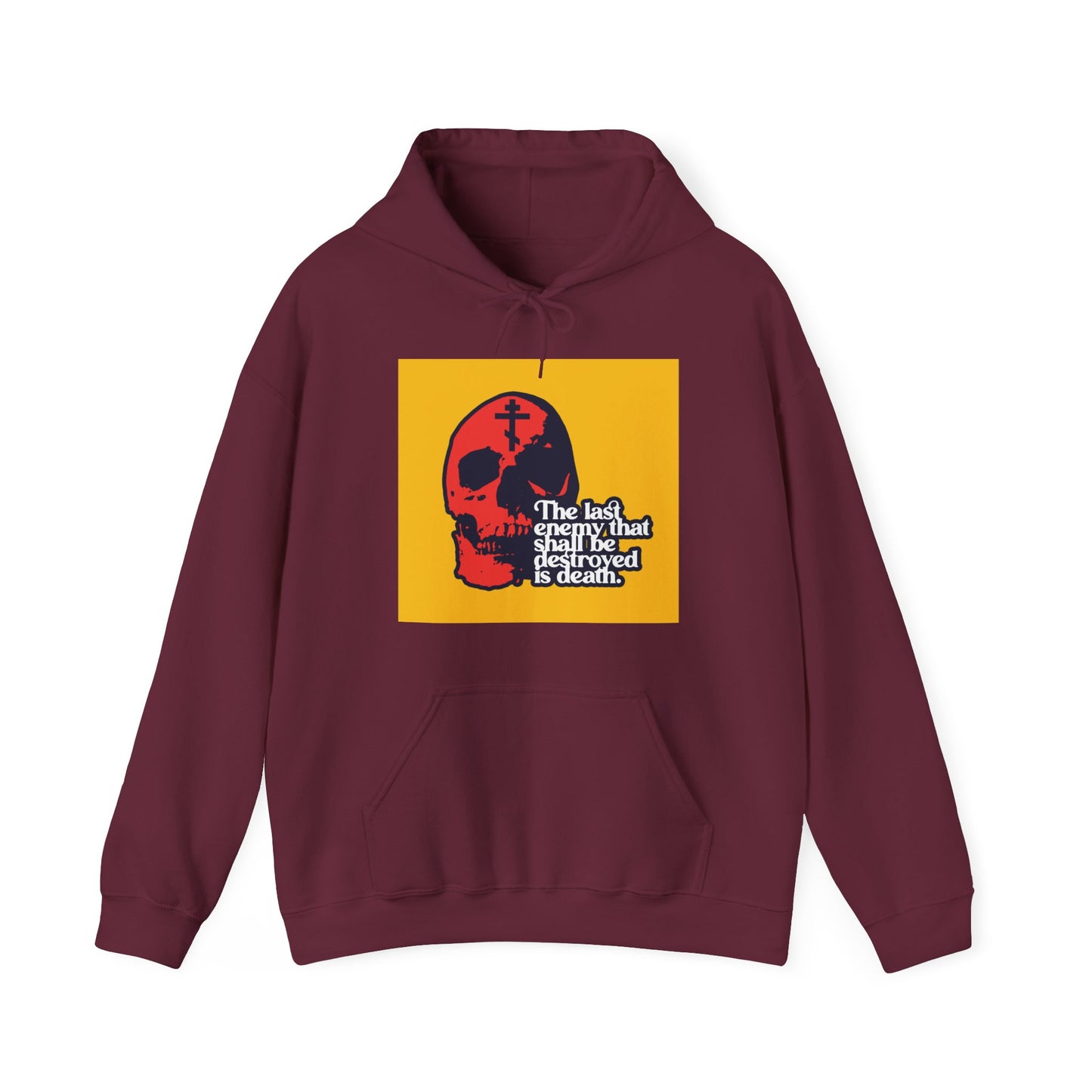 The Last Enemy That Shall Be Destroyed  (1 Corinthians 15:26) | Red Skull on Yellow Background | 70s Typography | Orthodox Christian Hoodie