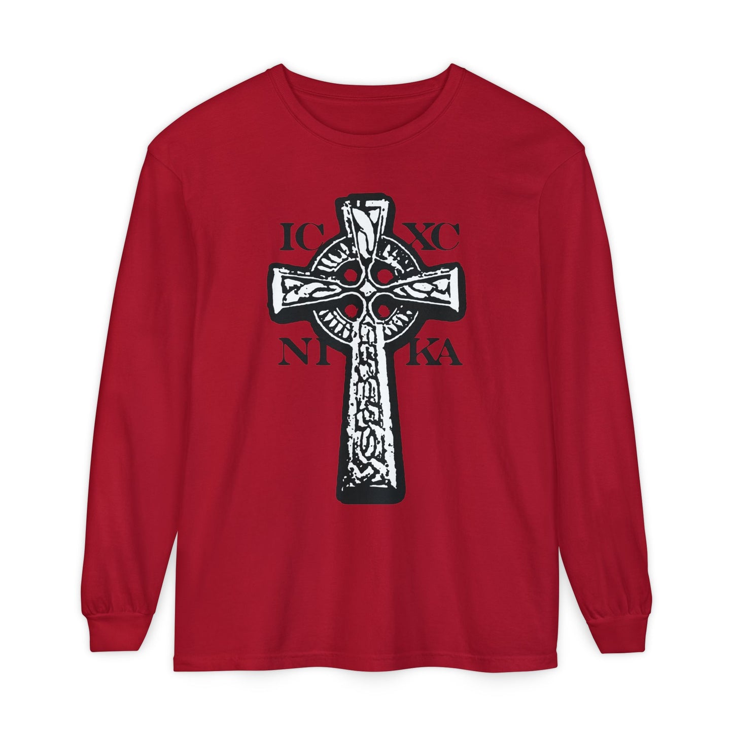 Red Orthodox Christian long sleeve featuring a black and white ICXC NIKA Celtic knotwork cross and Greek letters on the front, symbolizing "Jesus Christ Conquers.