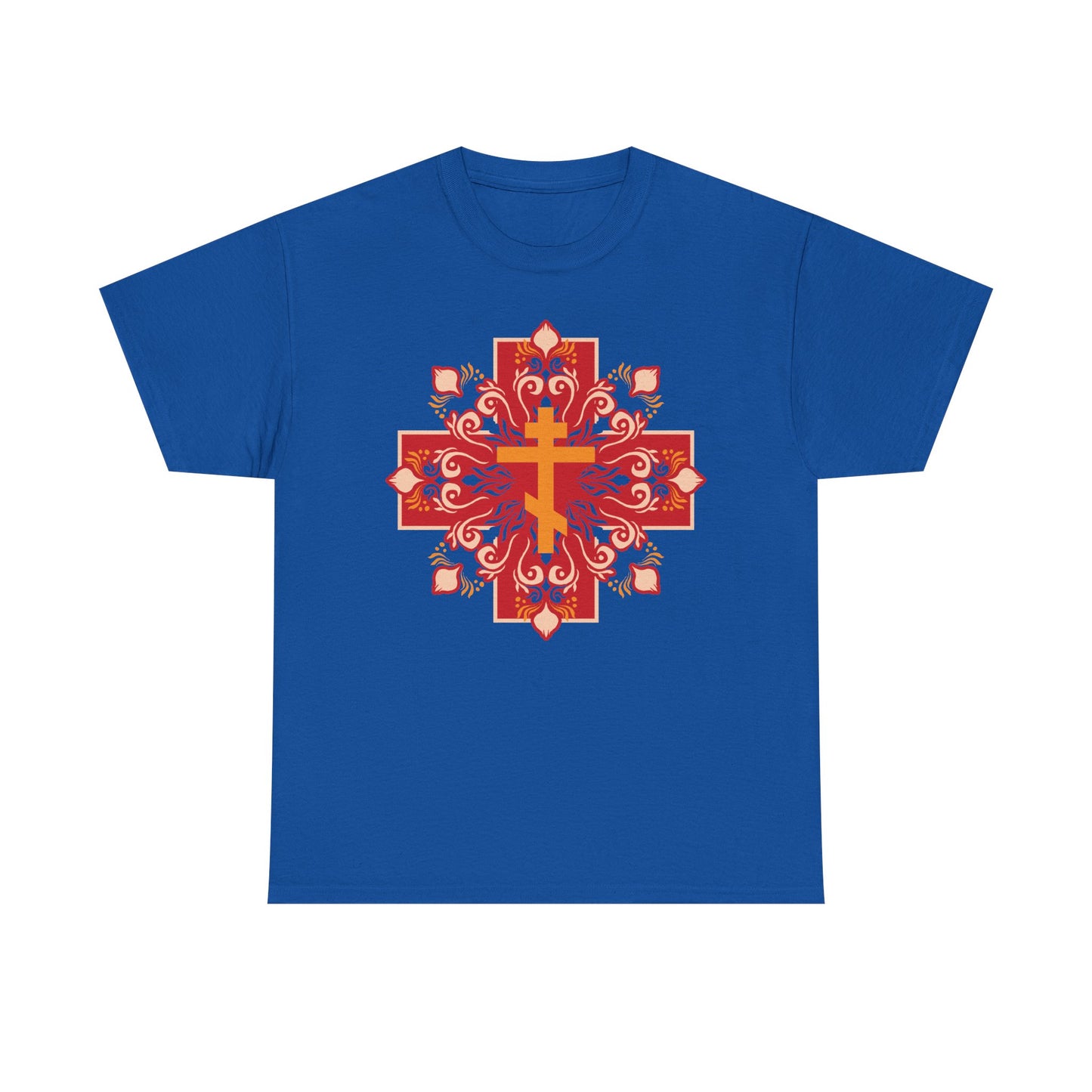 Royal t-shirt with an orange and red Orthodox cross mandala and "By His Wounds You Have Been Healed" (1 Peter 2:24)—a bold, faith-filled heavy cotton tee.