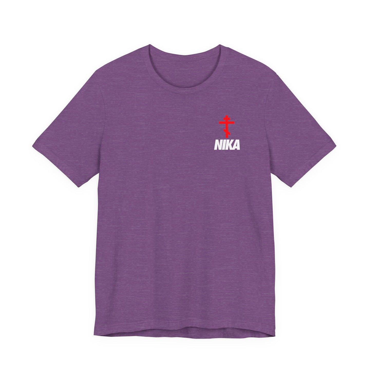 Heather Team Purple athletic t-shirt featuring an Orthodox cross and bold NIKA text—a creative mashup with a Nike-style logo—symbolizing "Jesus Christ Conquers." Small design on the upper left chest.
