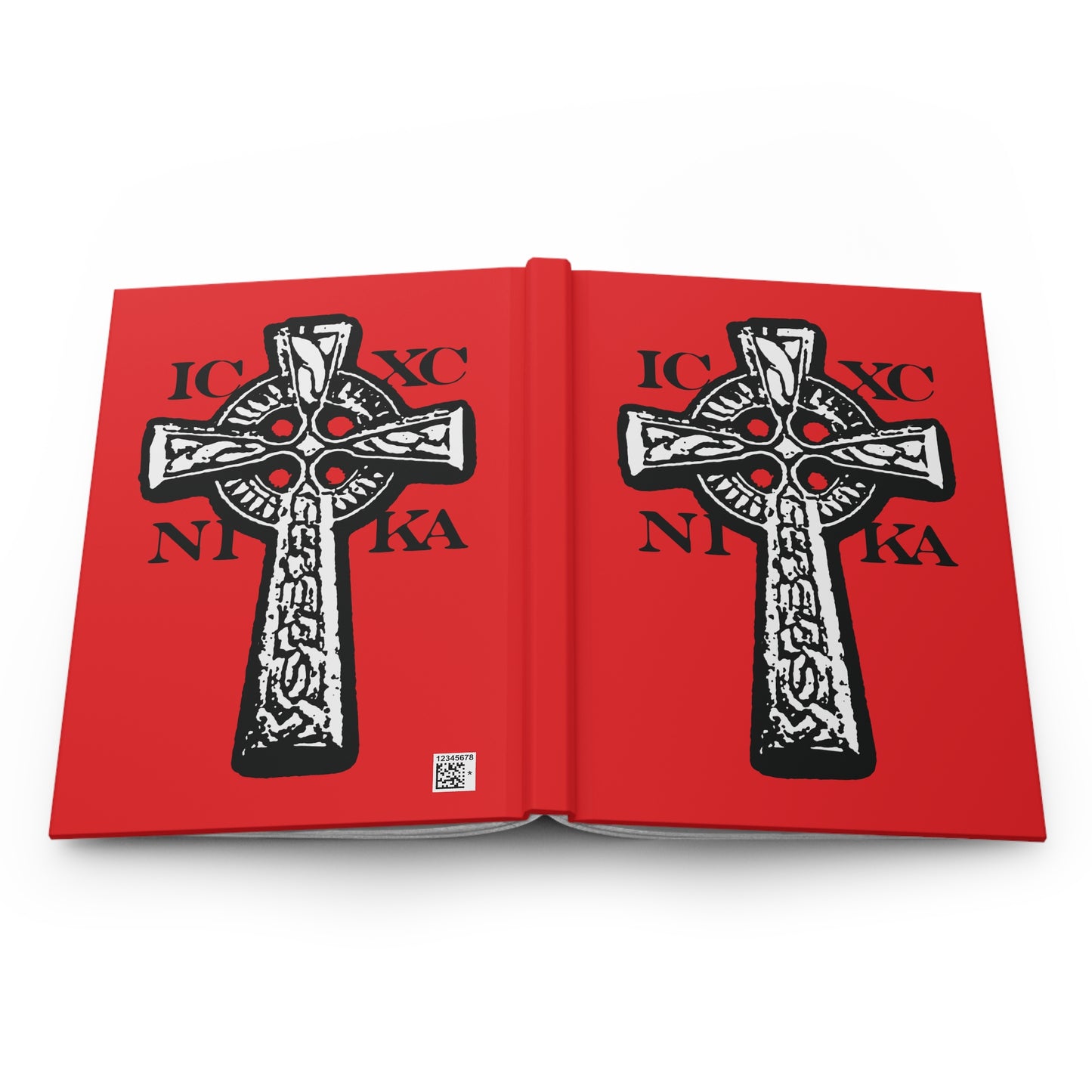 The ICXC NIKA Celtic Knotwork Cross Journal features a black and white cross on a red background, symbolizing Jesus Christ Conquers, with traditional Orthodox Christian design and blank pages.