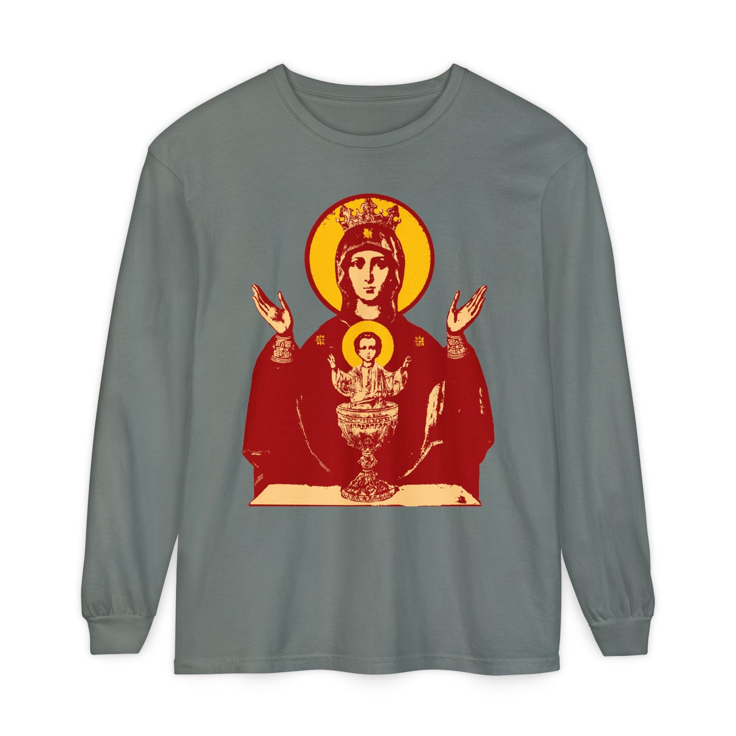 Grey long-sleeve shirt featuring the "Holy Theotokos IconoGraphic of the Inexhaustible Chalice" design—an Orthodox Christian image of the Deliverer from Addictions, also known as Conqueror of Passions.