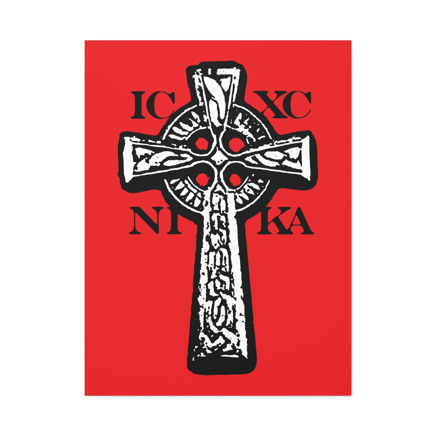 The ICXC NIKA Celtic Knotwork Cross, featuring "Jesus Christ Conquers" in Greek, stands boldly in black and white on a red background—traditional Orthodox Christian wall art.