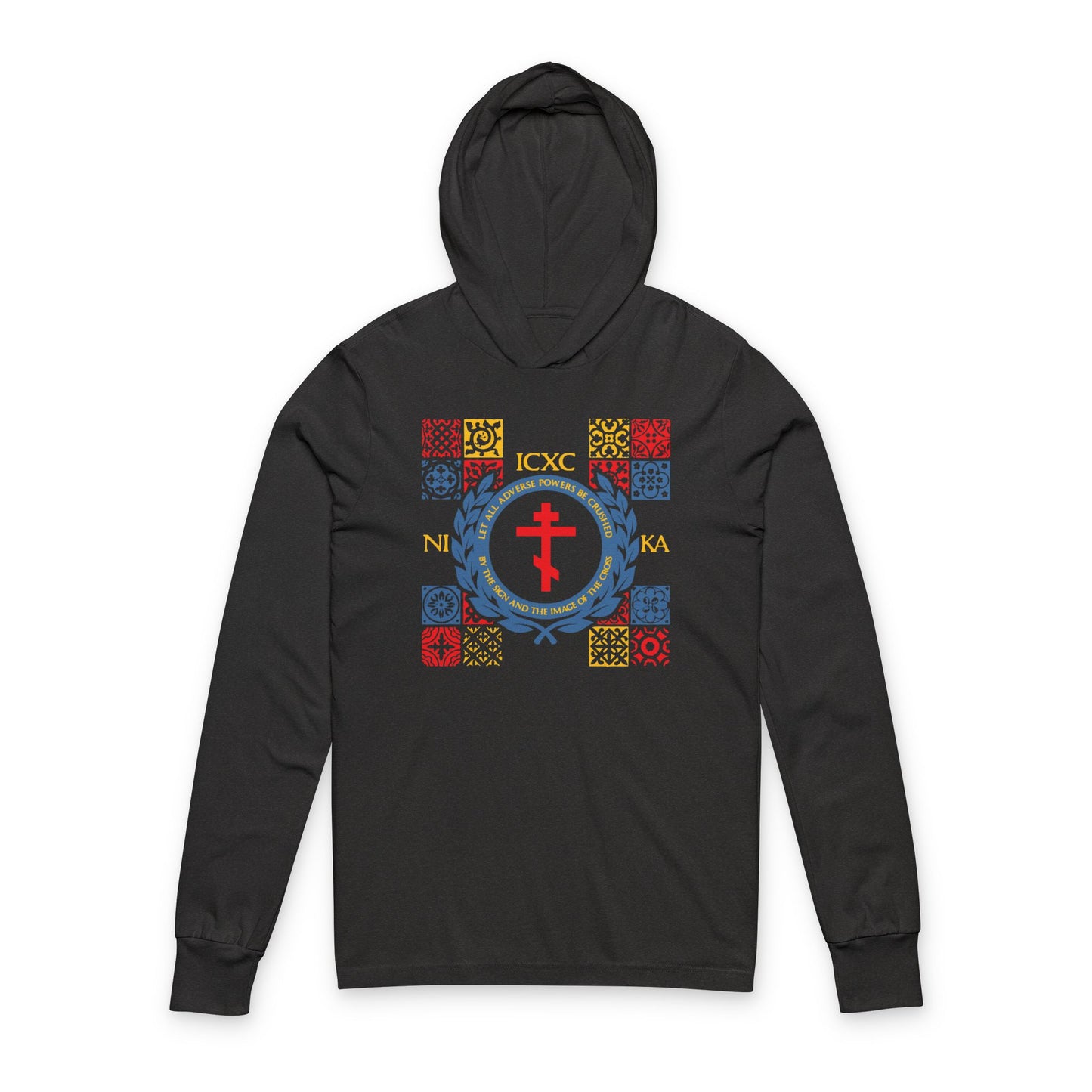 Let All Adverse Powers Be Crushed (Red, Yellow & Blue Design) | ICXC NIKA | Medieval Tile Design | Orthodox Long Sleeve Hooded Shirt
