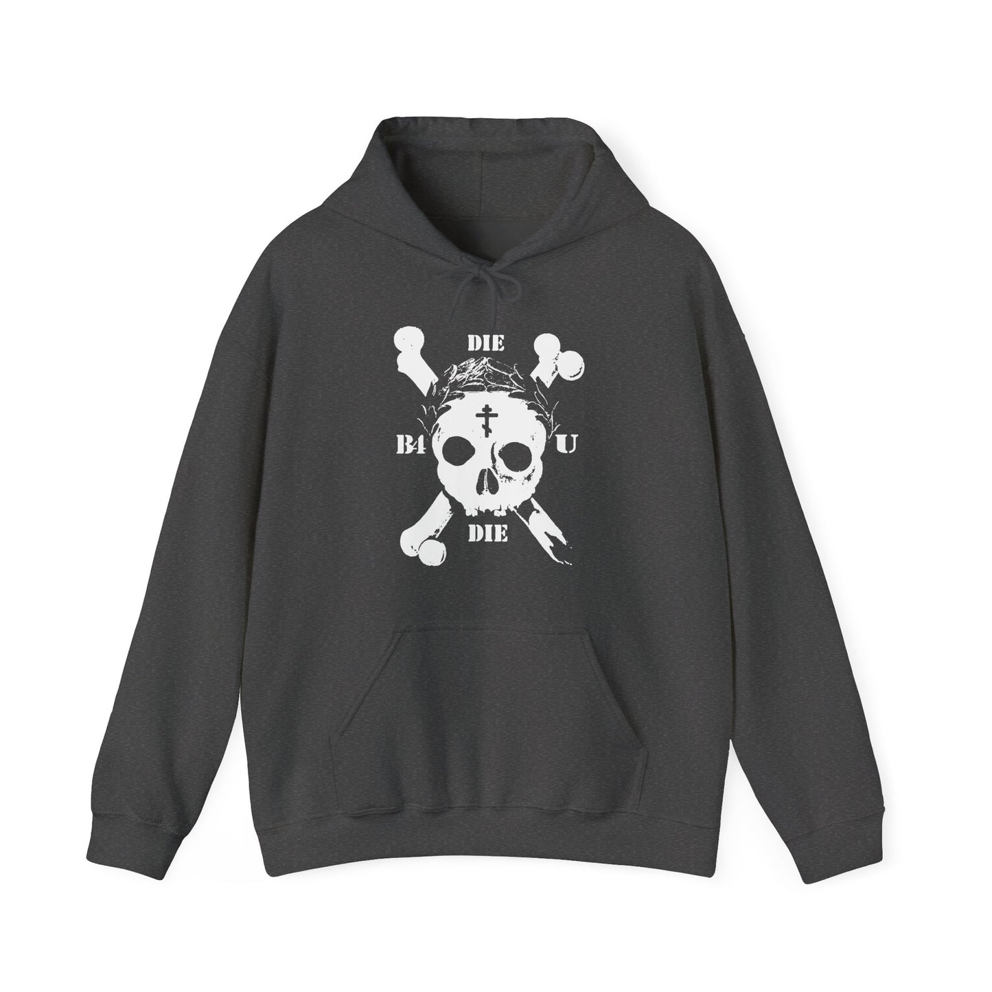 Dark heather hoodie featuring a retro skull & crossbones with "Die Before You Die," an Orthodox cross, and laurel wreath—a bold Memento Mori for ascetic Christians.