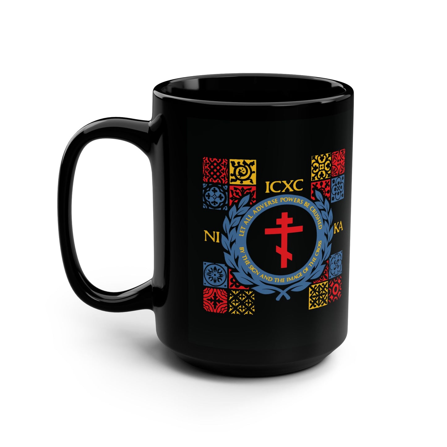 Let All Adverse Powers Be Crushed (Red, Yellow & Blue Design) | ICXC NIKA | Medieval Tile Design | Orthodox Christian Black Mug