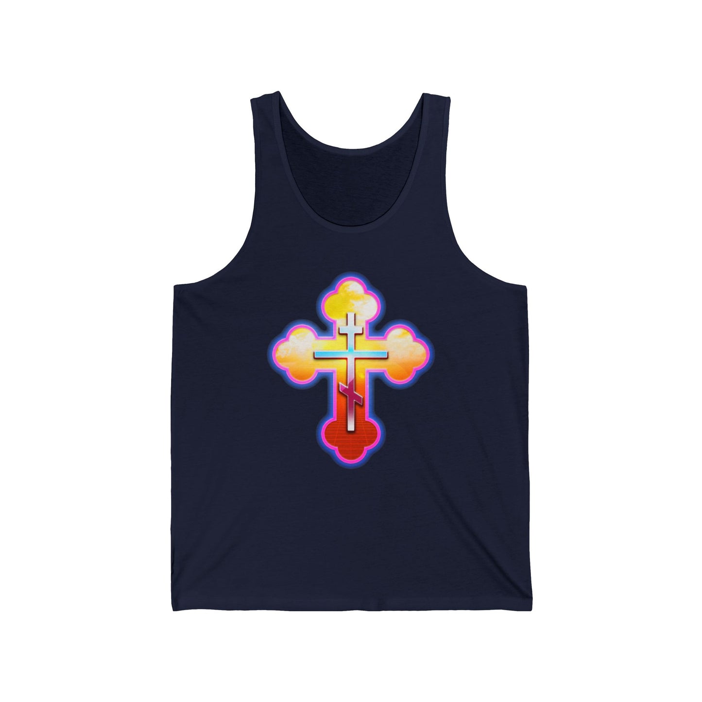 80s Synthwave Retrowave Outrun Aesthetic | Glowing & Reflective Gold & Red Three-Bar Cross | Orthodox Christian Jersey Tank Top / Sleeveless Shirt