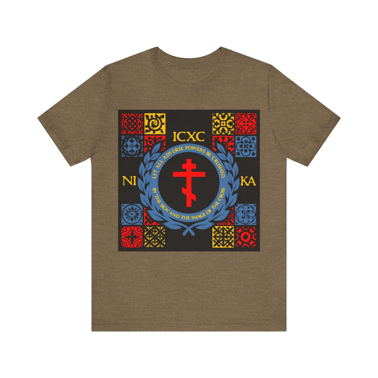 Let All Adverse Powers Be Crushed (Red, Yellow & Blue Design) | ICXC NIKA | Medieval Tile Design | Orthodox Christian T-Shirt