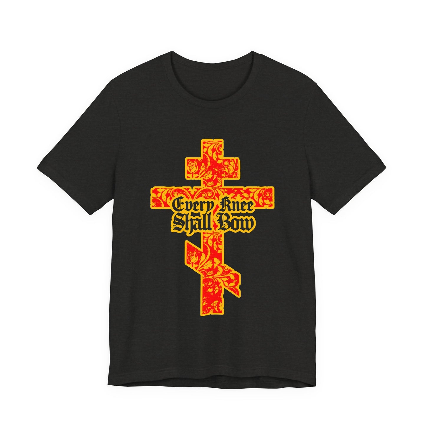 Black unisex tee featuring a gold and red floral Orthodox cross with gothic "Every Knee Shall Bow" text, inspired by Isaiah 45:22-24 and Philippians 2:7-11, celebrating the righteousness of Jesus Christ.