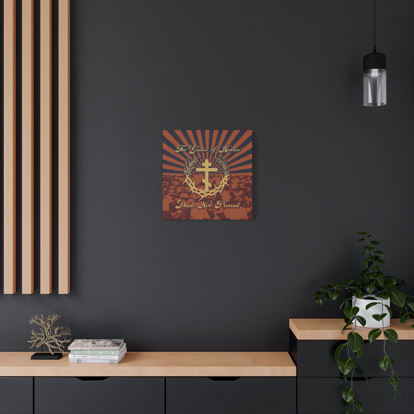 The Gates of Hades Shall Not Prevail | Cross with Wreath & Crown of Thorns | Skulls and Rays | Orthodox Christian Canvas Art