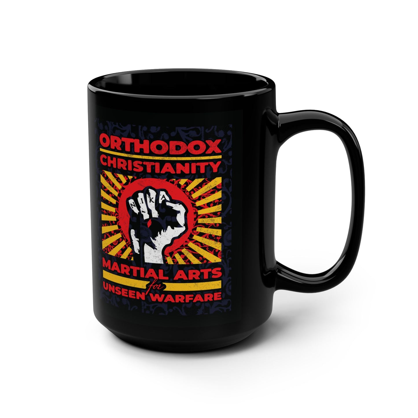Orthodox Christianity: Martial Arts for Unseen Warfare | NIKA Jesus Fist on Colorful Sunburst Design | Orthodox Christian Black Mug