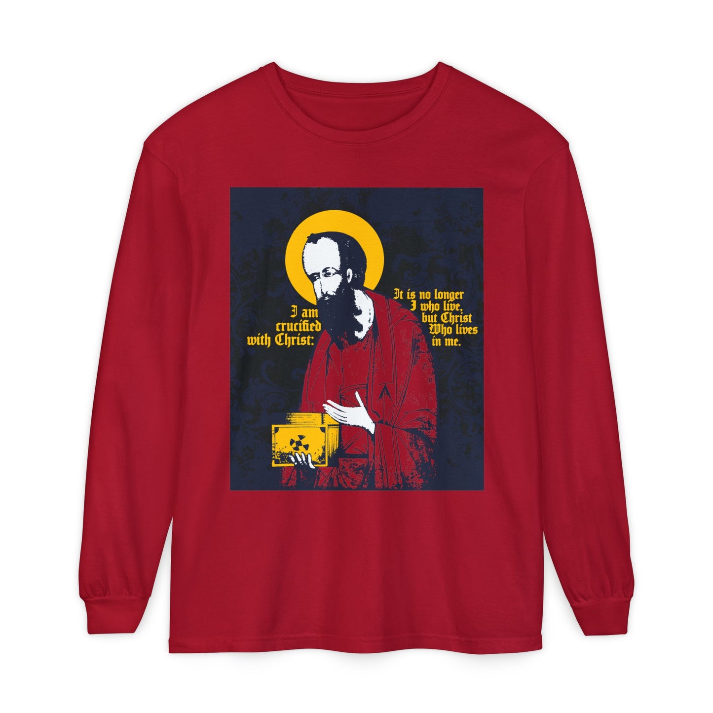 Red St Paul Holding Gospel Iconographic Orthodox Christian long sleeve shirt features "I am crucified with Christ (Galatians 2:20)" on the front, reflecting new life in Christ.